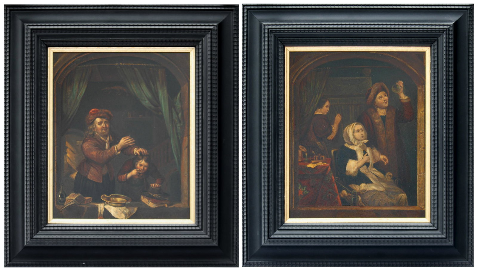 19TH CENTURY FLEMISH SCHOOL, ACCORDING TO DOMINICUS VAN TOL (Bodegraven, 1635 – Leiden, 1676) -: Oil on paper adhered to cardboard and mounted on panel. Dimensions: 28 x 24 cm. Dimensions with frame: 45 x 41 cm. This work is a 19th-century interpretation inspired by the work of Dominicus van Tol,