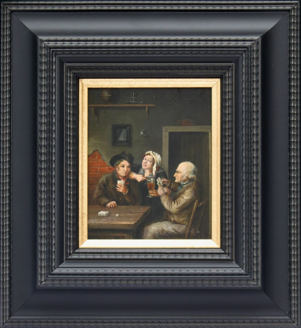 19TH CENTURY DUTCH SCHOOL - Card players indoors: Oil on panel. Dimensions: 16 x 13.5 cm. Dimensions with frame: 33 x 30.5 cm. This work depicts a genre scene set in a typical Dutch interior, where several figures are playing cards around a table. Th