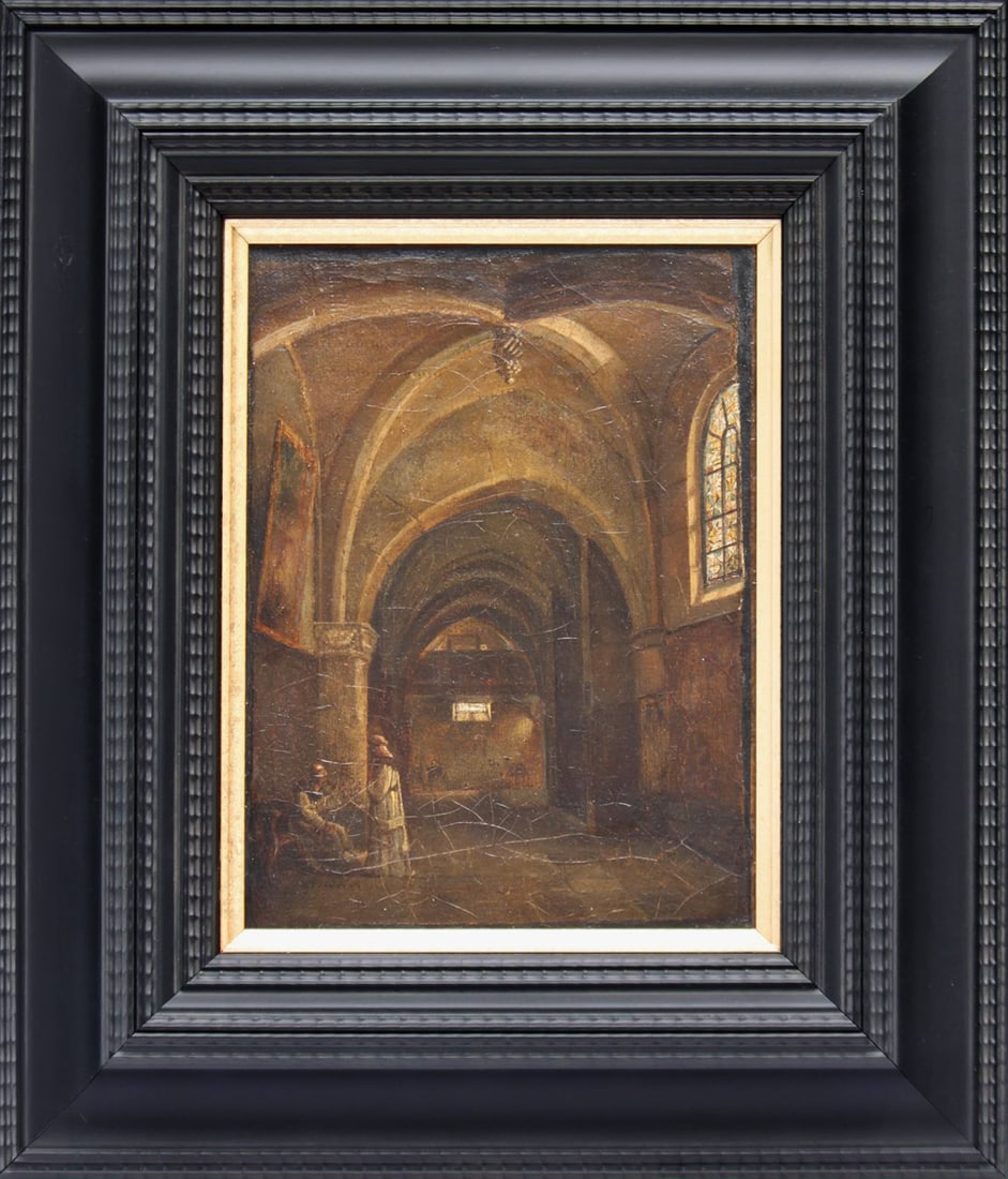 DUTCH SCHOOL OF THE 18TH-19TH CENTURIES, IN THE STYLE OF EMANUEL DE WITTE (Alkmaar, ca. 1617 –: Oil on relined canvas. Dimensions: 24 x 19 cm. Dimensions with frame: 42 x 36 cm. This work depicts the interior of a Dutch Protestant church, a subject that achieved extraordinary popularity in the N