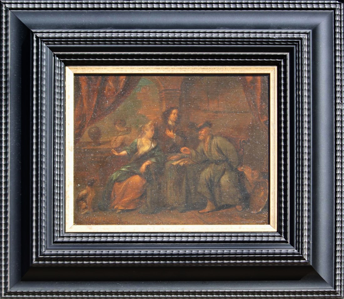DUTCH SCHOOL, ACCORDING TO BERNARDUS VAN SCHENDEL (1647–1709) - Tavern scene: Oil on panel. Dimensions: 19 x 24 cm. Dimensions with frame: 36 x 41 cm. This work is a reproduction inspired by Dutch genre scenes that enjoyed great popularity among European collectors. The composi