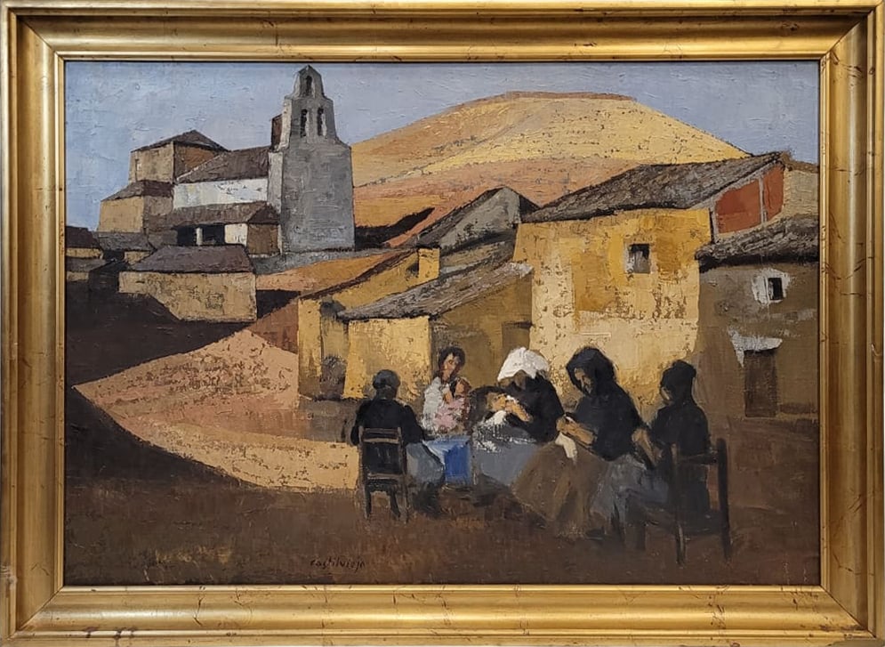 CASTILIAN VILLAGE JOSÉ MAR?A GARC?A FERN?NDEZ CASTILVIEJO: Technique: Oil on canvas. Title: Castilian Village. Artist: José María García Fernández Castilviejo. Hand-signed. Period: 1980s. Country of origin: Zamora, Spain. Good condition considering its ag