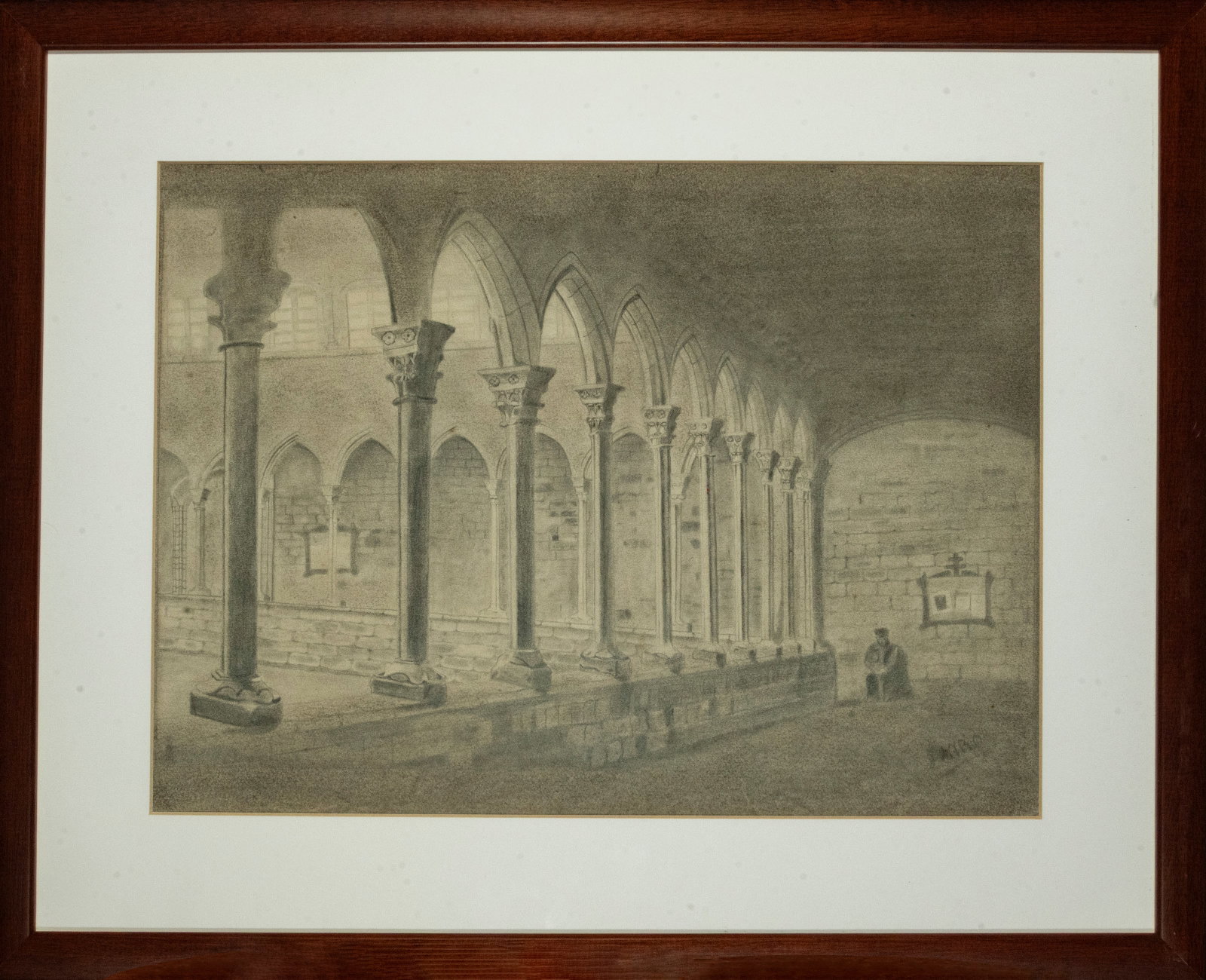 Interior of a Gothic cloister, possibly Poblet: Framed dimensions: 43 x 54 cm