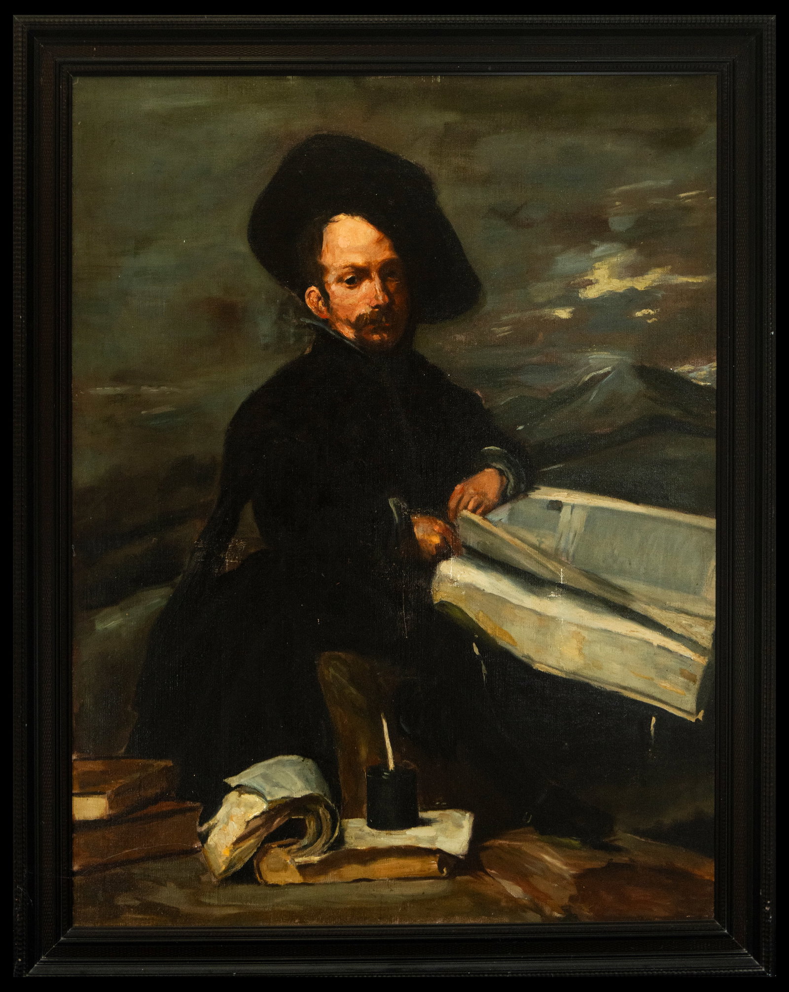 Following the models of Diego Velázquez (1599-1660) - Jester with books, 19th century: Dimensions: 120 × 96 cm. Oil on canvas. The figure of the jester, with a serene but thoughtful expression, holds an open book, surrounded by objects typical of a scholar. The work imitates the style 