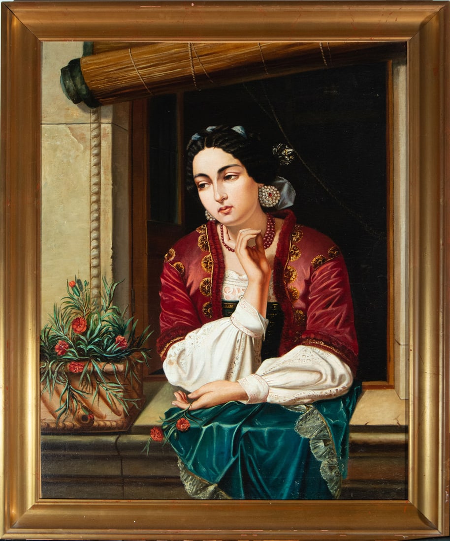 Girl at the Window, 19th century Spanish school: Oil on canvas, measurements: 104 x 83, framed measurements 119 x 97 cm