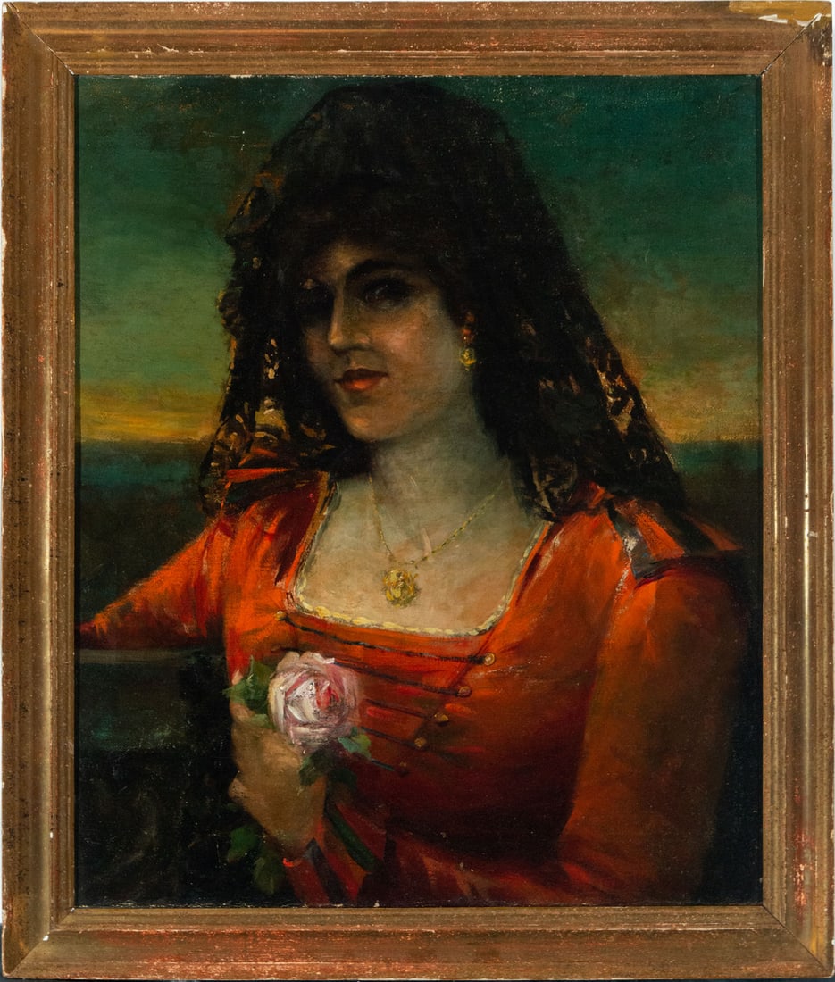 Woman with Mantilla, Andalusian Post-Impressionist school of the late 19th - 20th century: Oil on canvas. Canvas dimensions: 60 x 53 cm. Framed dimensions: 69 x 59 cm