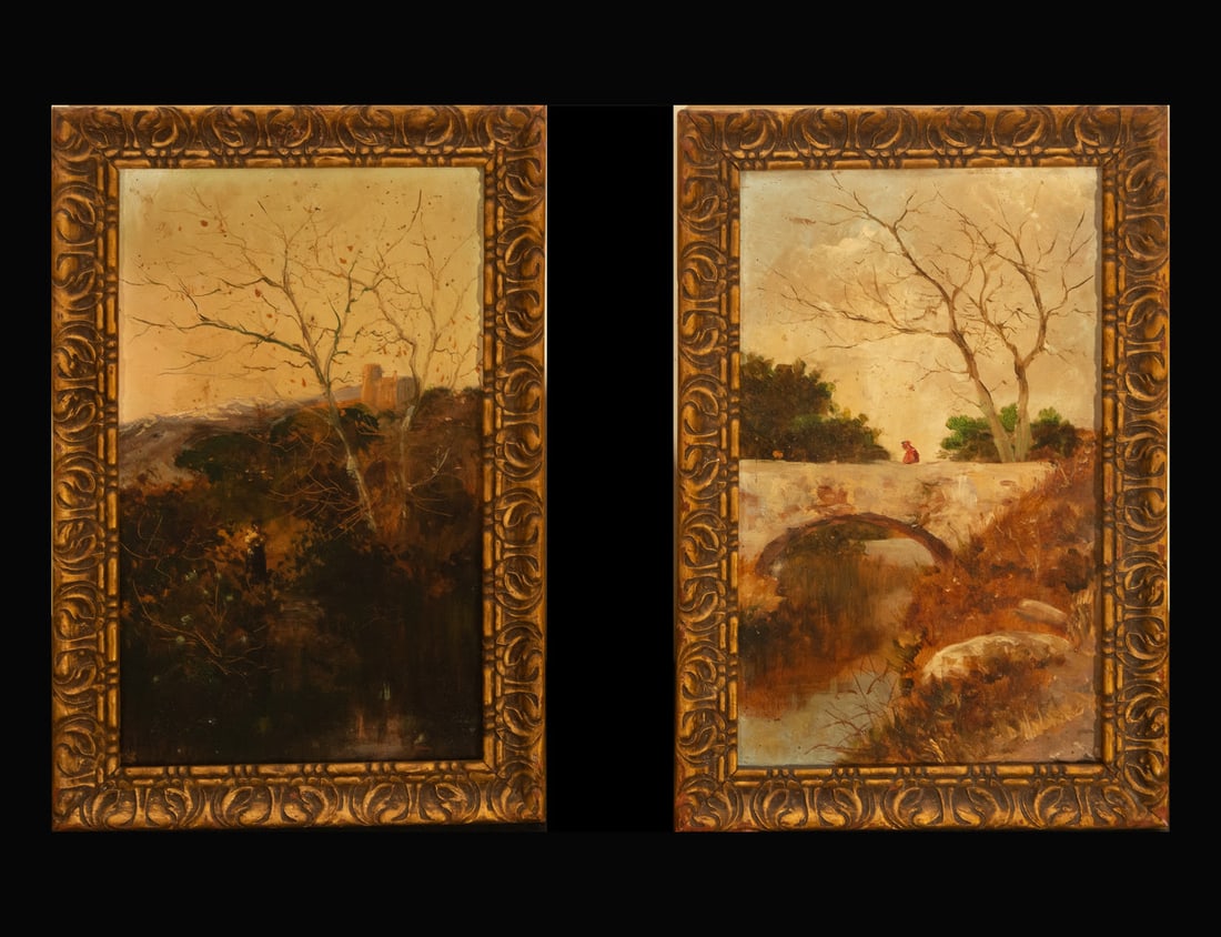 Pair of forest views on panel, signed, 19th-20th century European post-impressionist school (1 of 3)