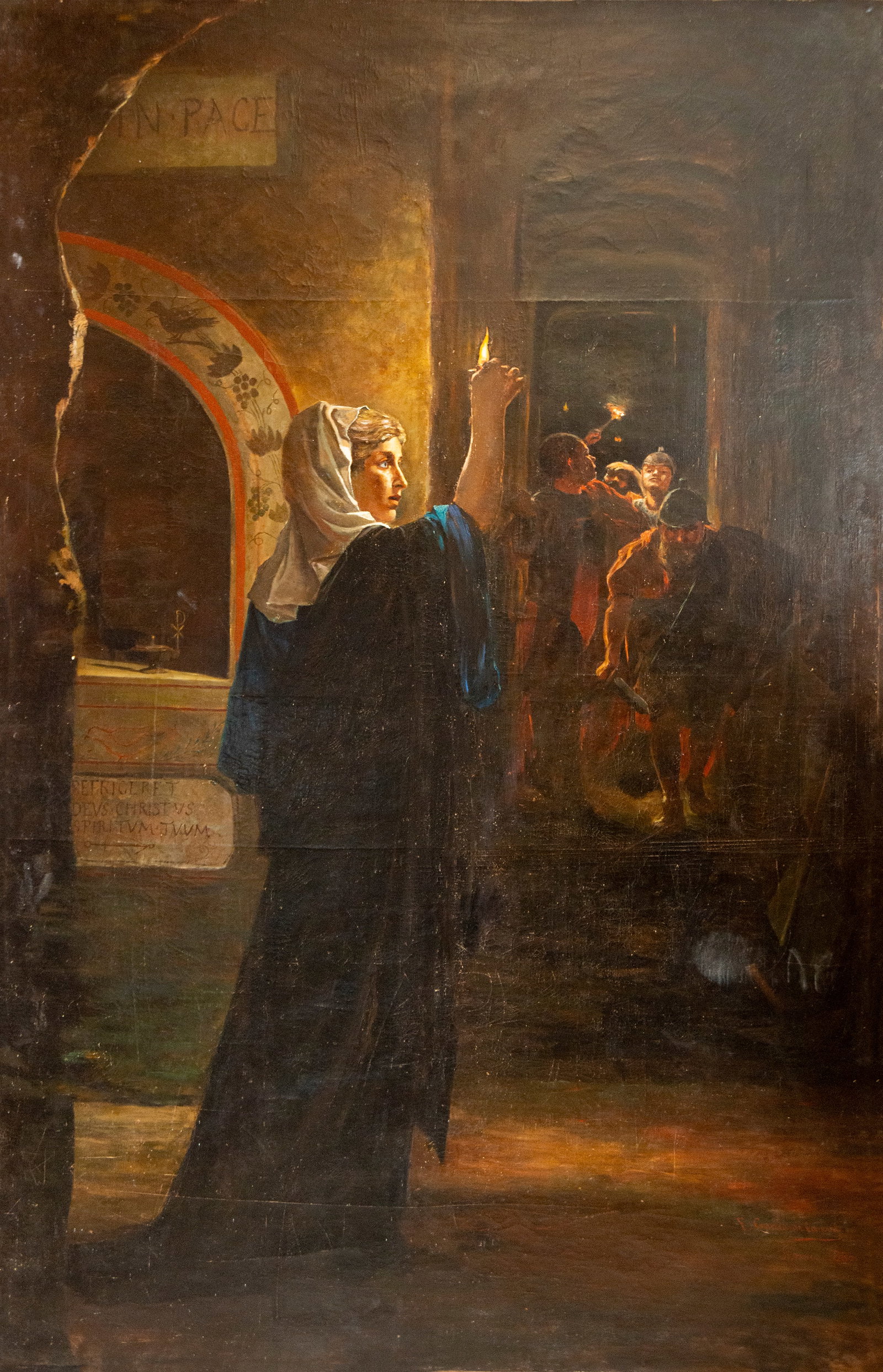 Francisco García de la Cal - 1880 Rome - Monumental Mary in the Catacombs: Oil on canvas adhered to board. Measures 250 x 158 cm.