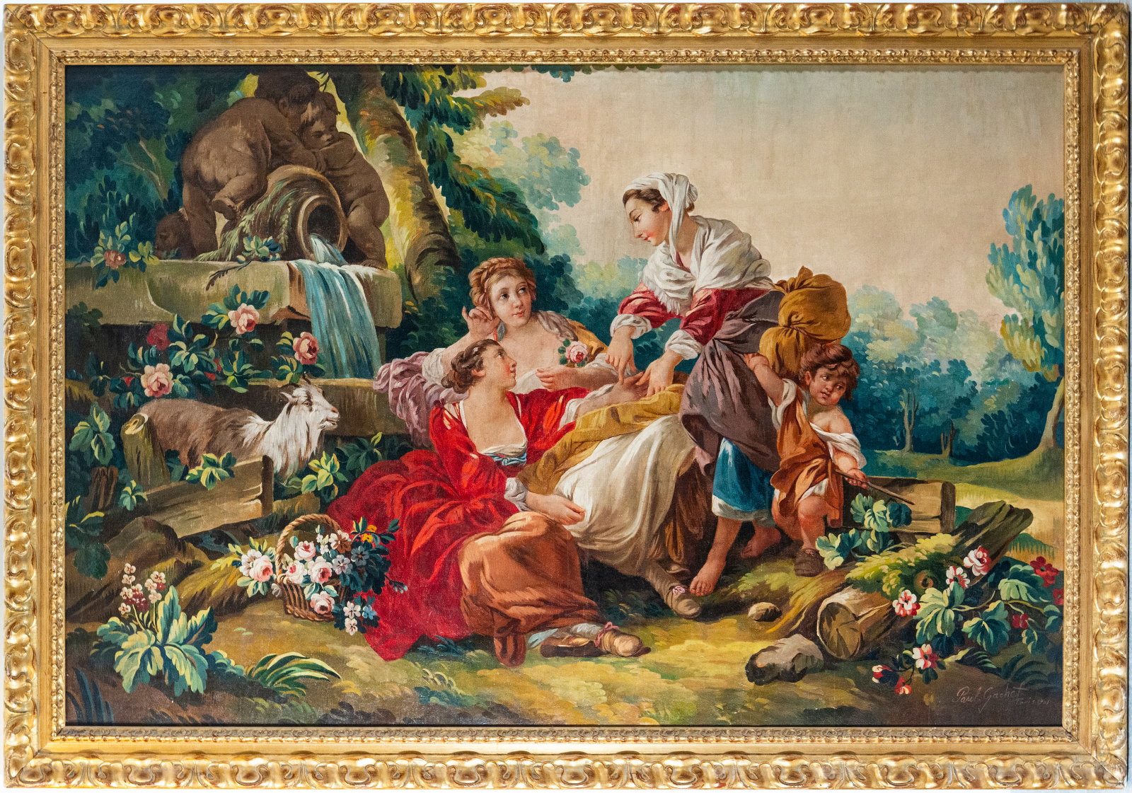Gallant scene in a garden, PAUL GACHET 1901, SIGNED, French School - 19th Century: Oil on canvas. Dimensions: 180 x 121 cm; 200 x 141 cm with frame. A gallant Rococo-inspired scene, featuring female figures and children beside a fountain decorated with cherubs, rendered with vibrant