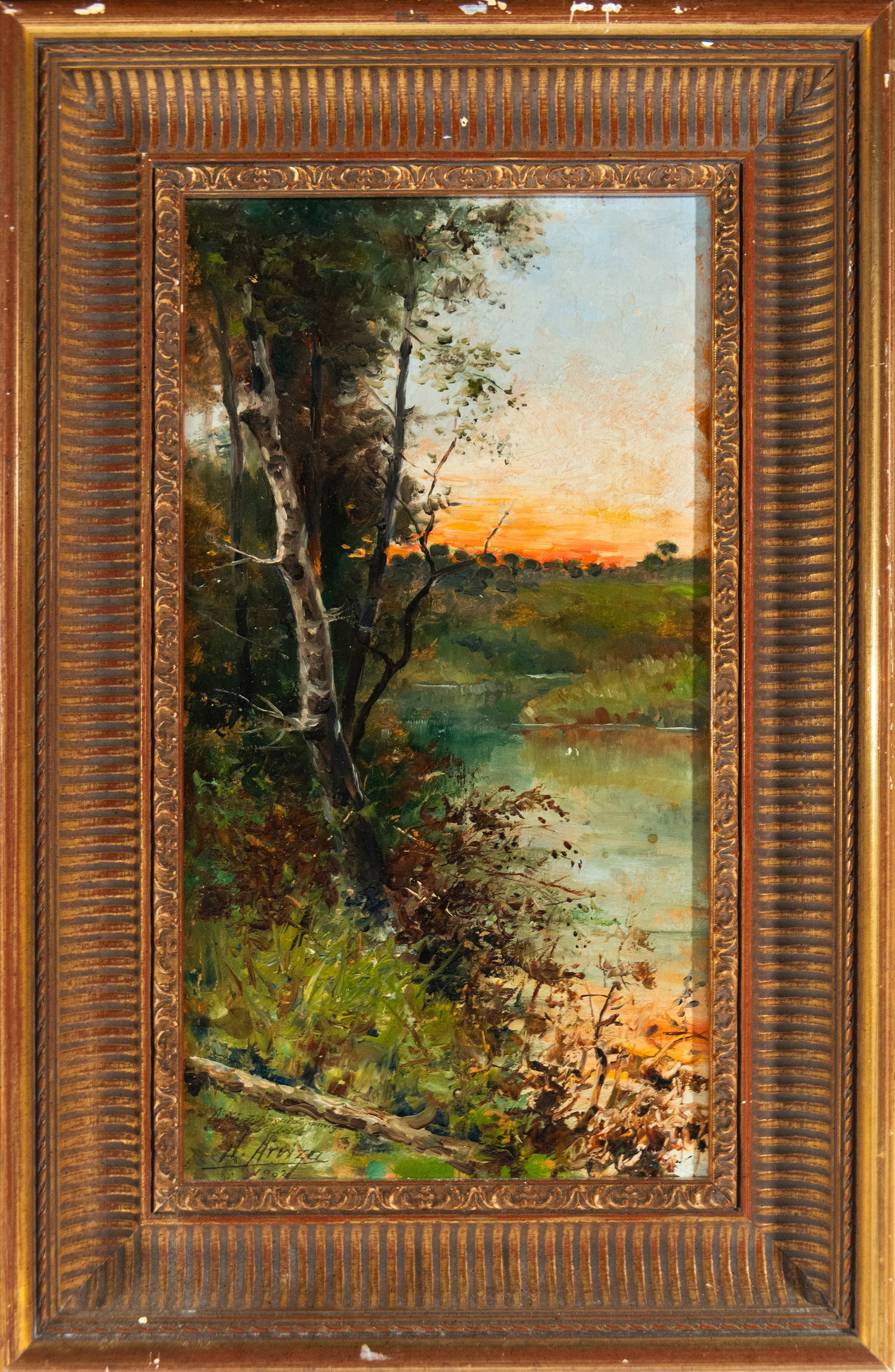 Landscape with river, signed and dated 1902, European School, 20th Century: Oil on panel. Dimensions 40 x 22 / 54 x 35 cm. A riverside view rendered in a vertical format, with a foreground of dense vegetation, slender tree trunks, and a broken bank that draws the eye toward a