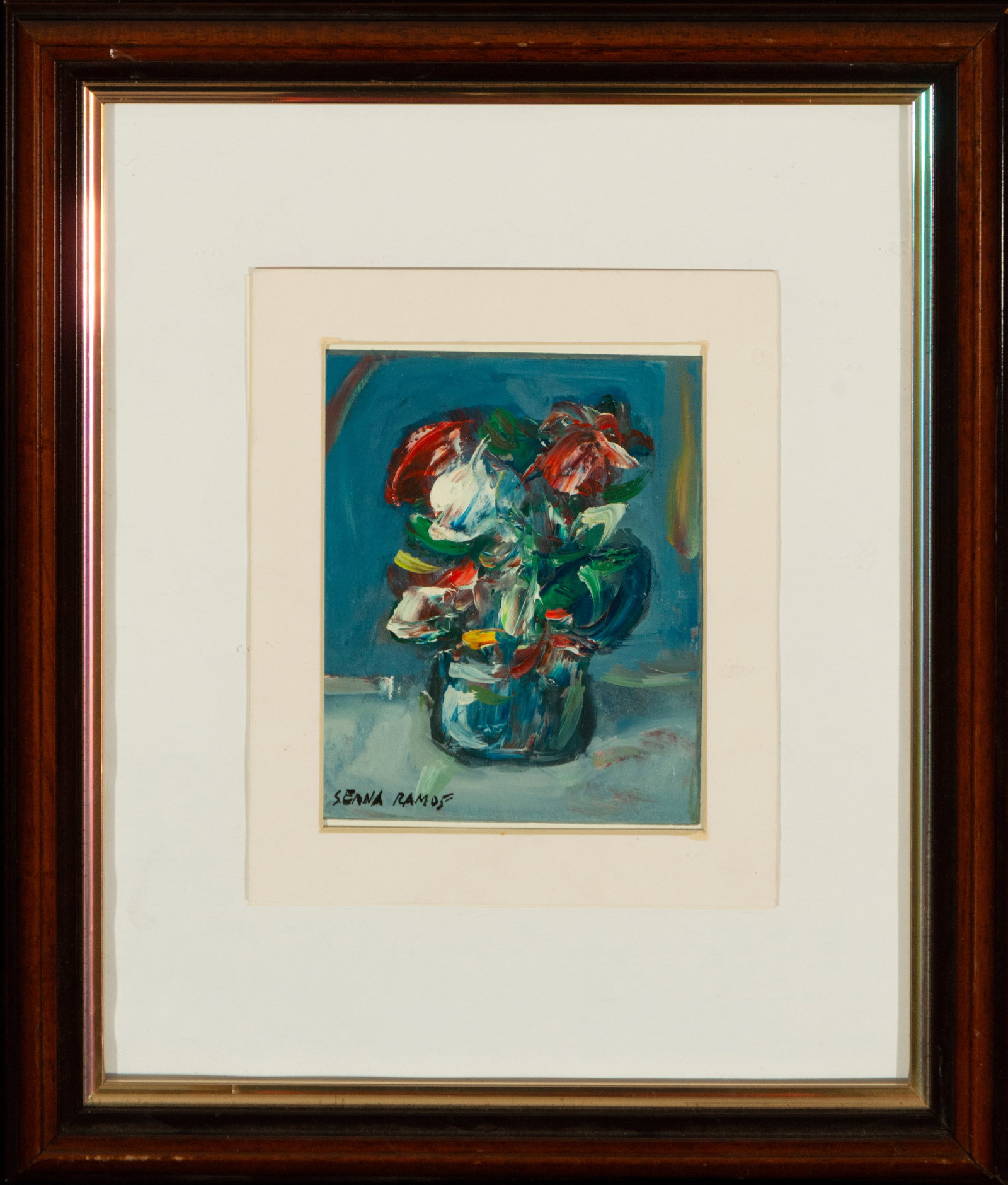 Floral still life. Serna Ramos. Spanish School. 20th century: Oil on cardboard. Dimensions: 28 x 19 cm (47 x 36 cm with frame). Bouquet of flowers in a glass vase against a uniform blue background. The flowers are painted with dense, vibrant impasto, where the r