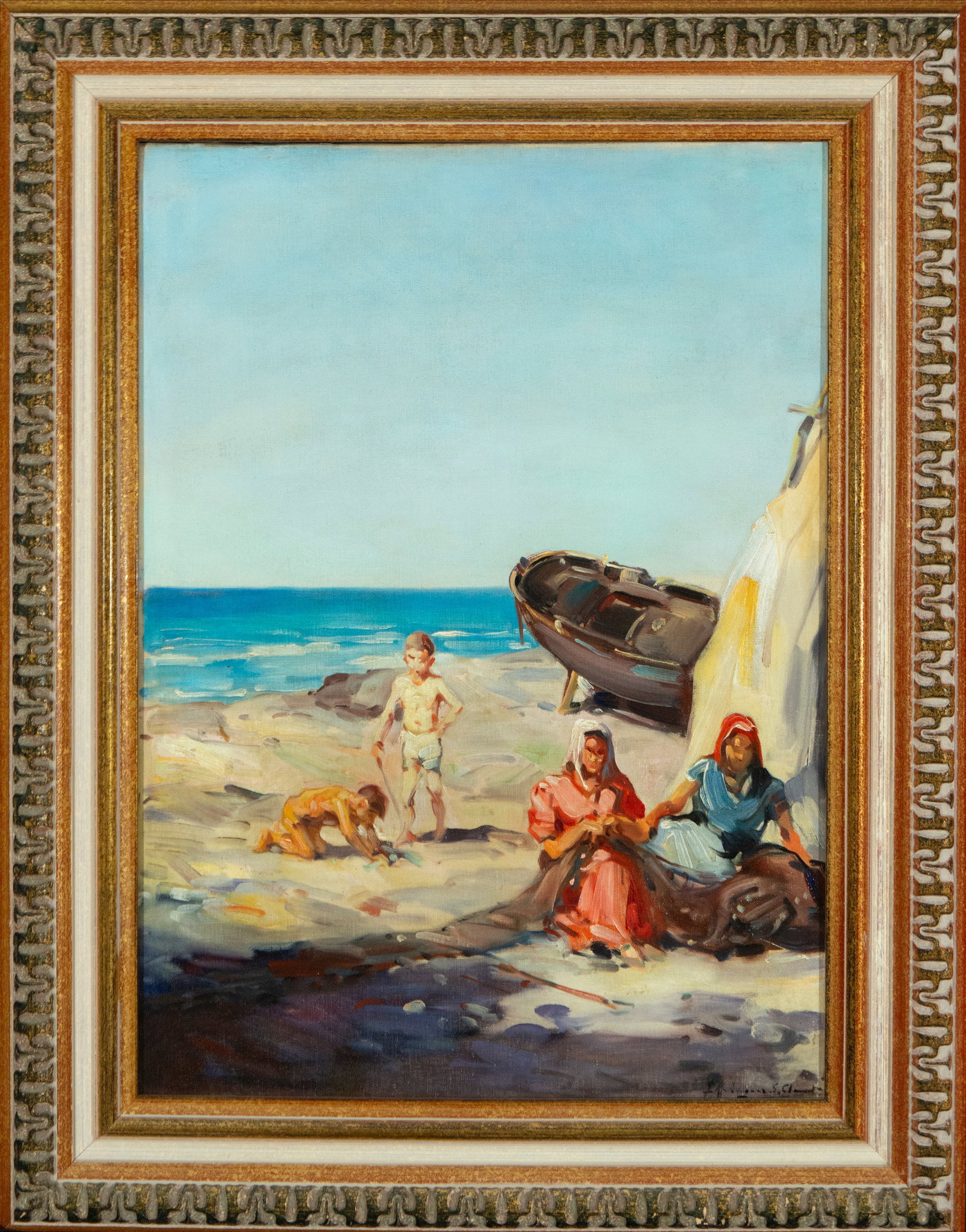 Coastal scene with net. Rodríguez San Clement - Spanish School. 20th century (1 of 4)