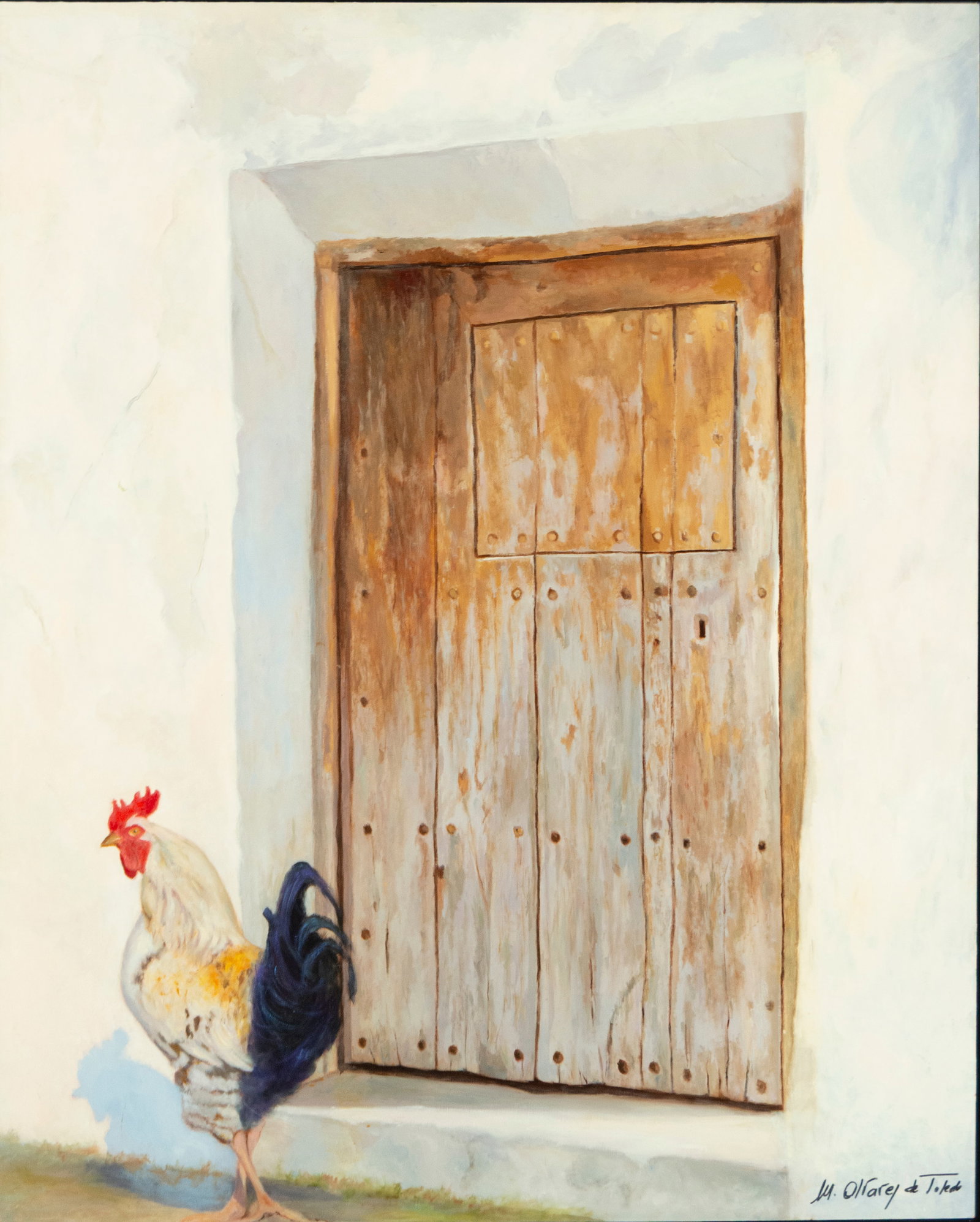 The Wait. Signed Miriam ?lvarez de Toledo. Spanish School. 20th Century: Oil on panel. Dimensions: 90 x 100 cm. A genre scene depicting a rooster, perched before an old wooden door, stands out against the whitewashed wall of a rural house. The composition, with its austere