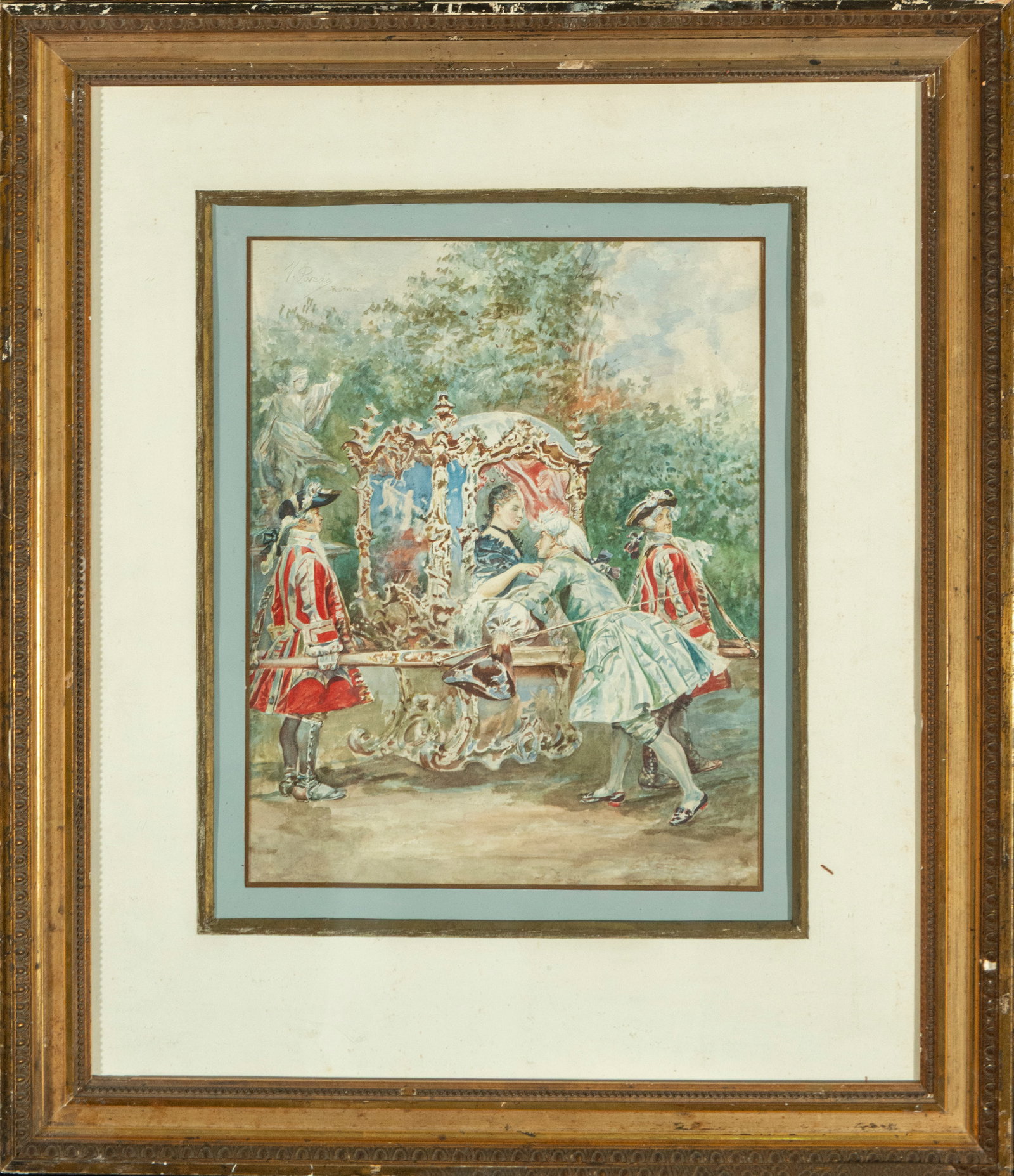 Gallant Scene, Spanish School 19th Century, Signed: Vicente Poveda: Watercolor on paper. Dimensions: 61 x 50 cm. Rococo court scene with theatrical figures next to an ornate carriage. Meticulous textile details and vibrant color evoke 19th-century Spanish decorative a
