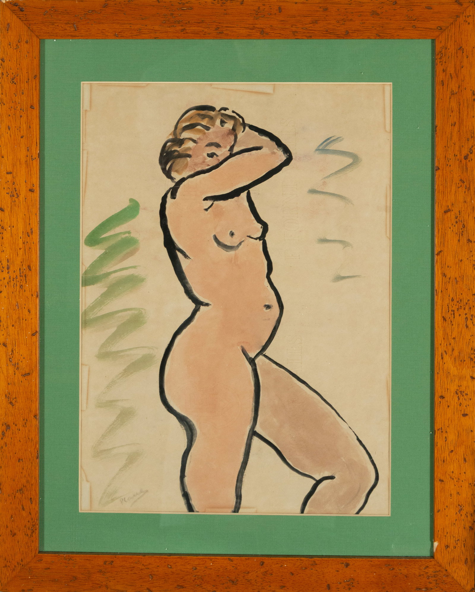 Female Nude, signed J. Planes. Valencian School. 20th Century: Watercolor on paper. Dimensions: 45 x 31 cm. Female figure in profile, drawn with a fluid stroke and economy of means. The body shape is highlighted by expressive lines and soft nuances, generating vo