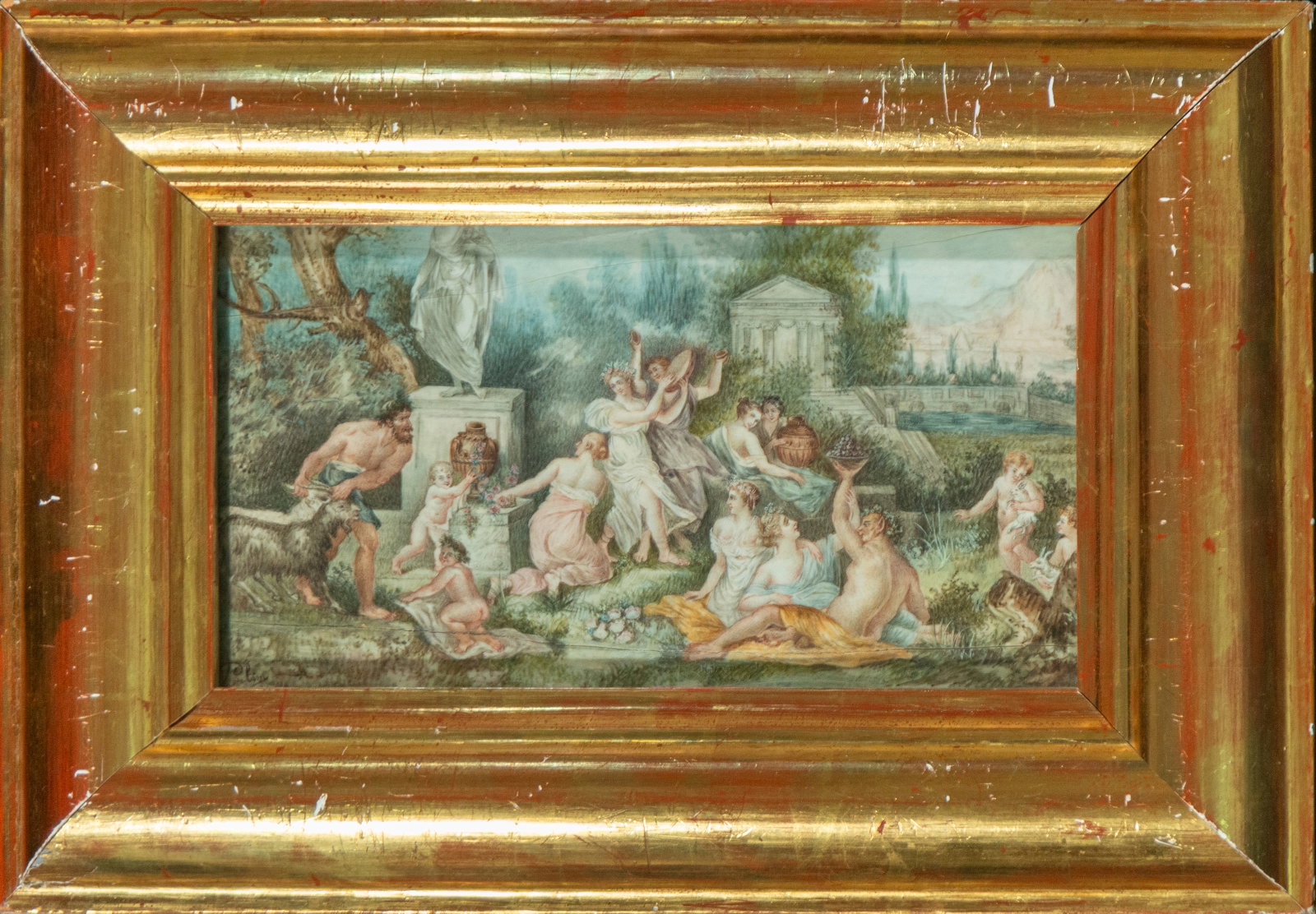 Mythological Bacchanal, Attributed to Paulin. French School. 19th Century: Oil on bone plate. Dimensions: 27 x 14 cm. A mythological bacchanalian scene inspired by French Classicism, with nude and semi-nude figures dancing and carrying floral offerings in an idealized landsc