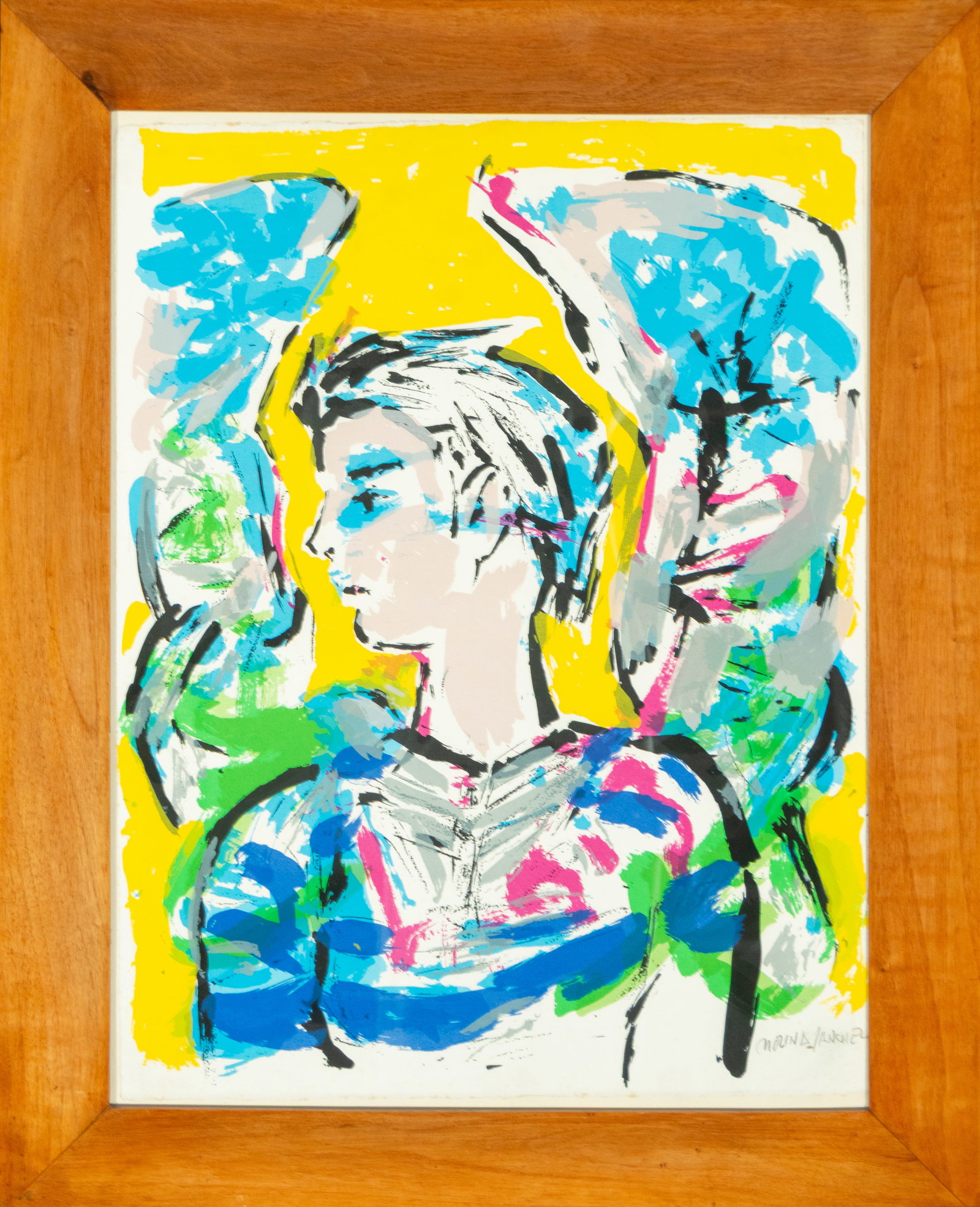 Expressionist figure. Spanish School. 20th century. Signed Molina Sánchez: Mixed media on paper. The composition shows a bust-like figure, probably female, executed with energetic, gestural strokes, in left profile, framed by abstract forms that suggest wings or enveloping e
