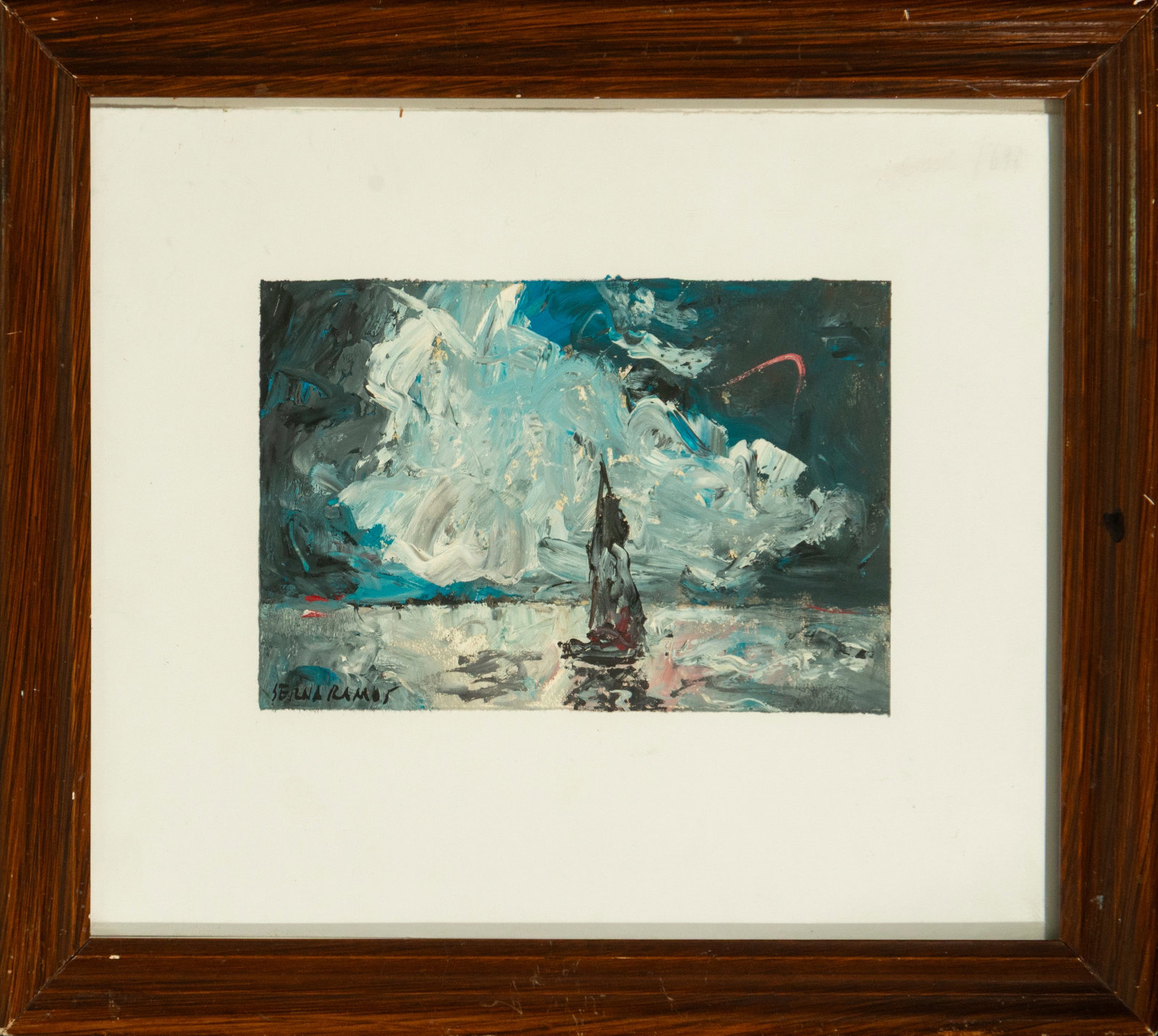 Expressionist Marina. 20th Century — José Antonio Serna Ramos (1927, Alicante-2011 Valencia): Oil on paper. Expressionist composition with a marine atmosphere, rendered with dense, gestural brushstrokes that create an abstract scene of a rough sea under a stormy sky. In the center, a vertical 