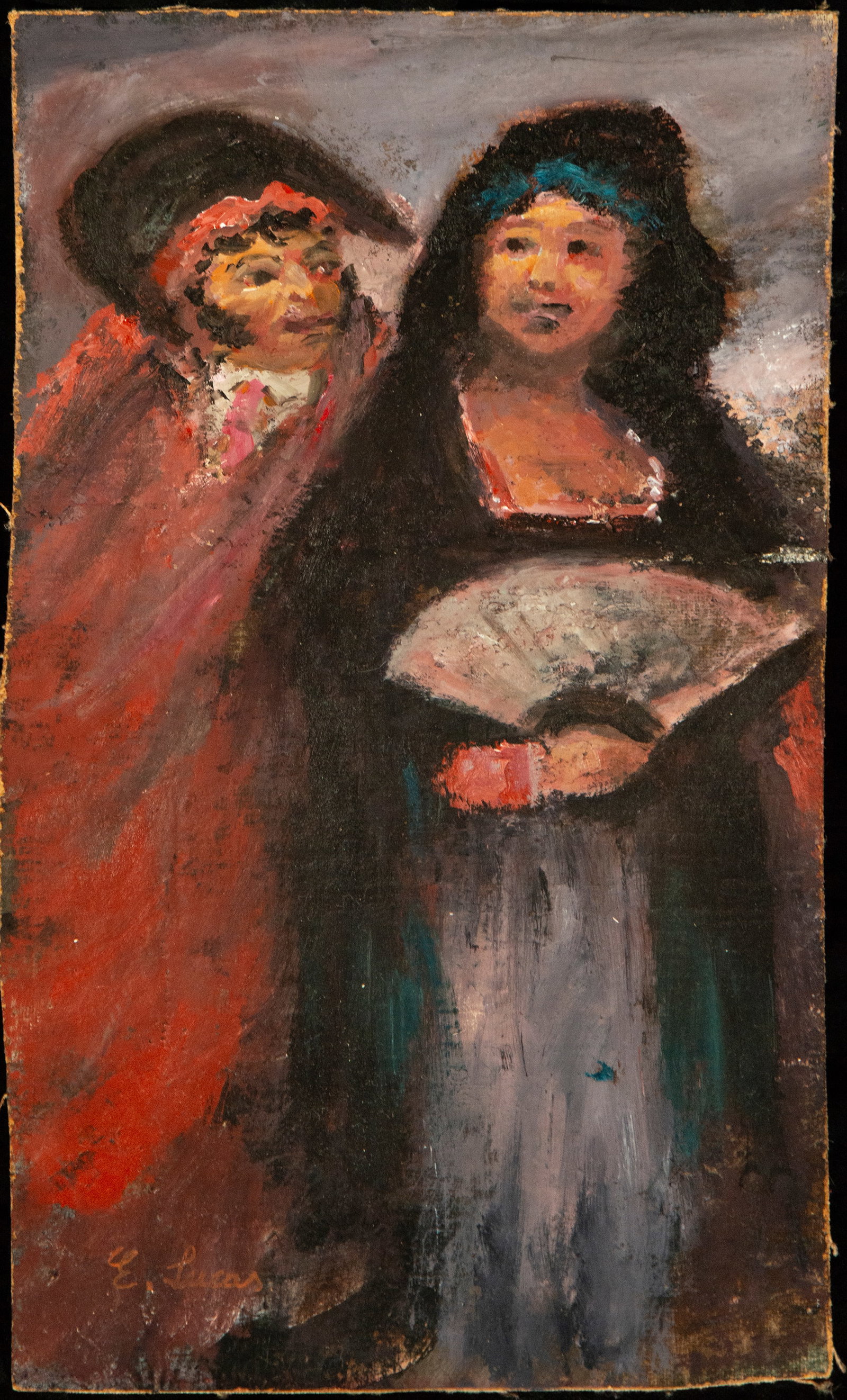 Romantic scene. Spanish School. 19th century. Signed E. Lucas.: Oil on canvas. Depiction of a couple in a gallant attitude, the woman holding a fan and dressed in a black mantilla, accompanied by a gentleman in a dark suit and hat. The composition highlights the v