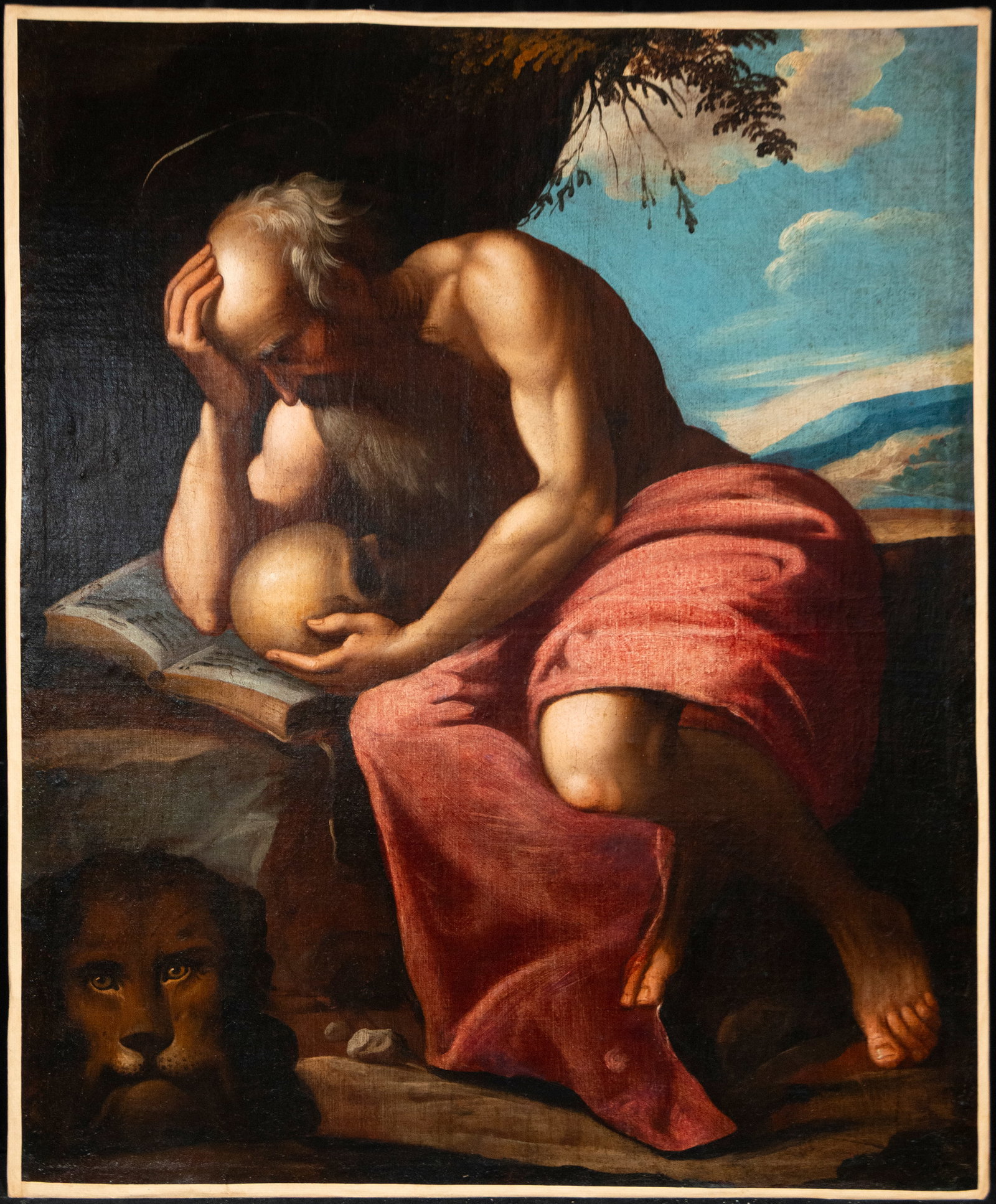 Attributed to Jacopo Palma the Younger (1544-1628) Important Saint Jerome: Oil on canvas. Dimensions: 104 x 84 cm. The composition depicts Saint Jerome in seclusion, meditating beside an open book and holding a skull, symbols of reflection on the transience of life and spiri
