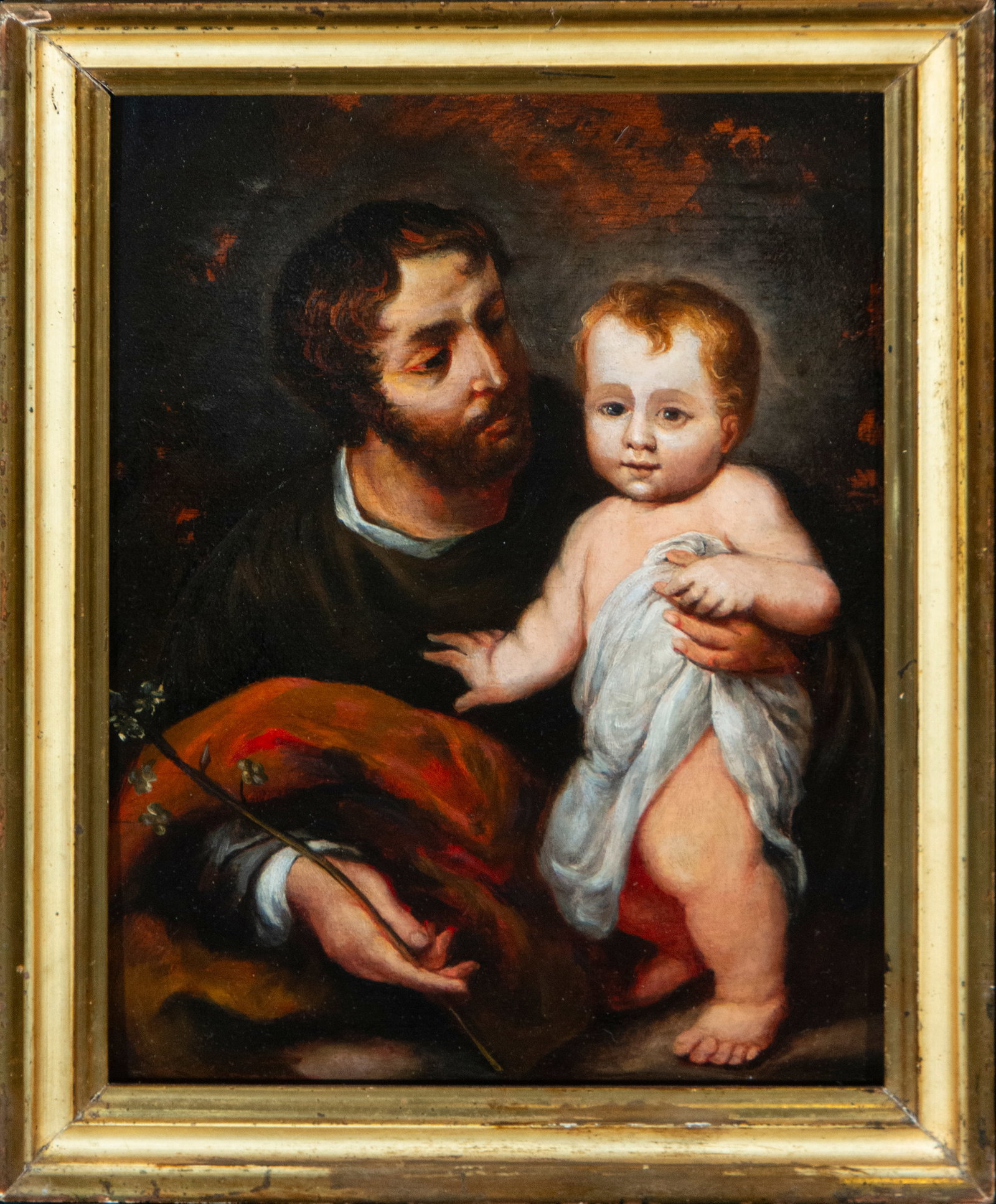 Saint Joseph with the Child, Follower of Murillo, Late 17th Century: Oil on panel. Measurements 36 x 27 cm.