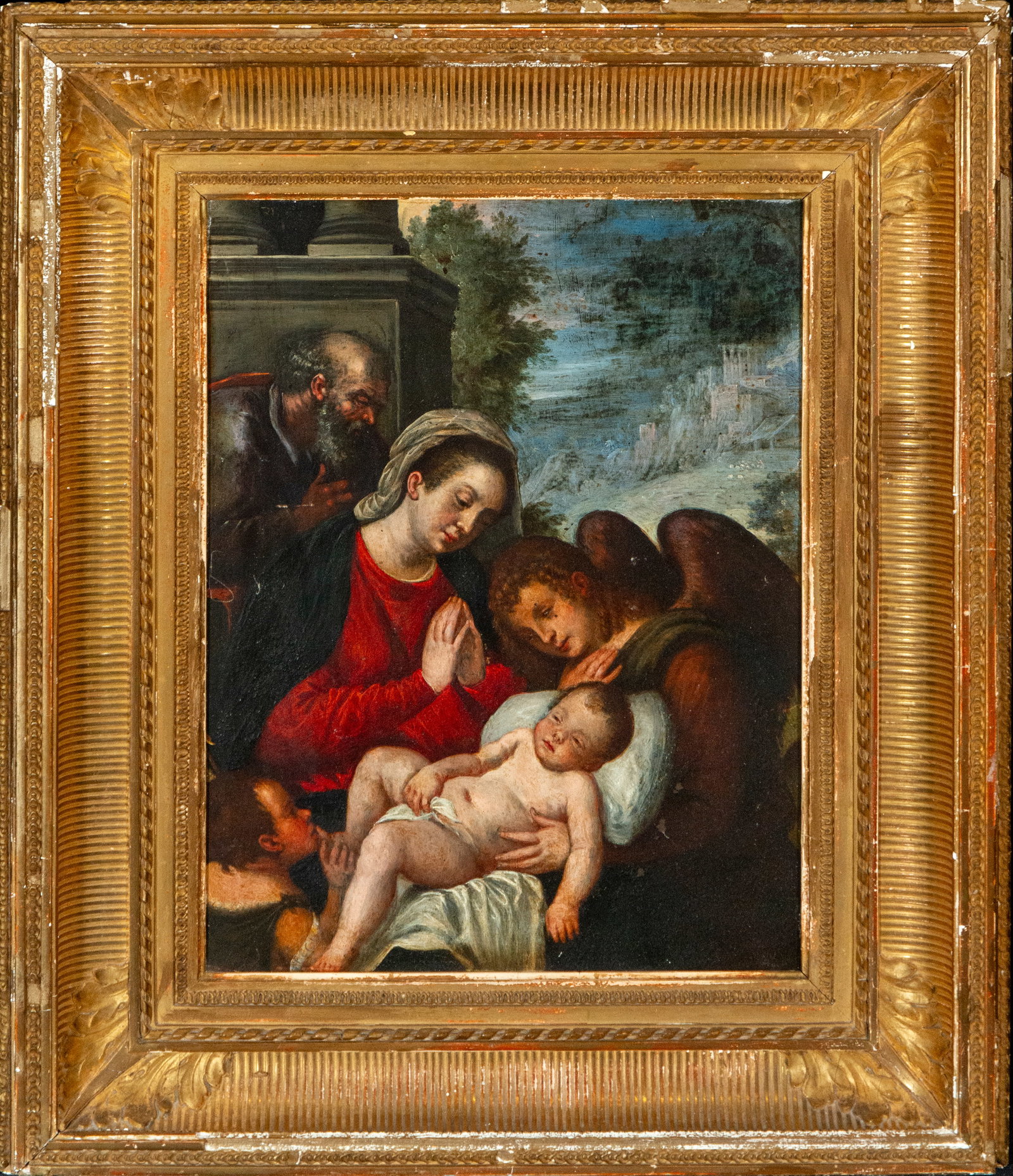 Holy Family with Saint John the Baptist and an angel in adoration. Bolognese School. 17th century (1 of 4)
