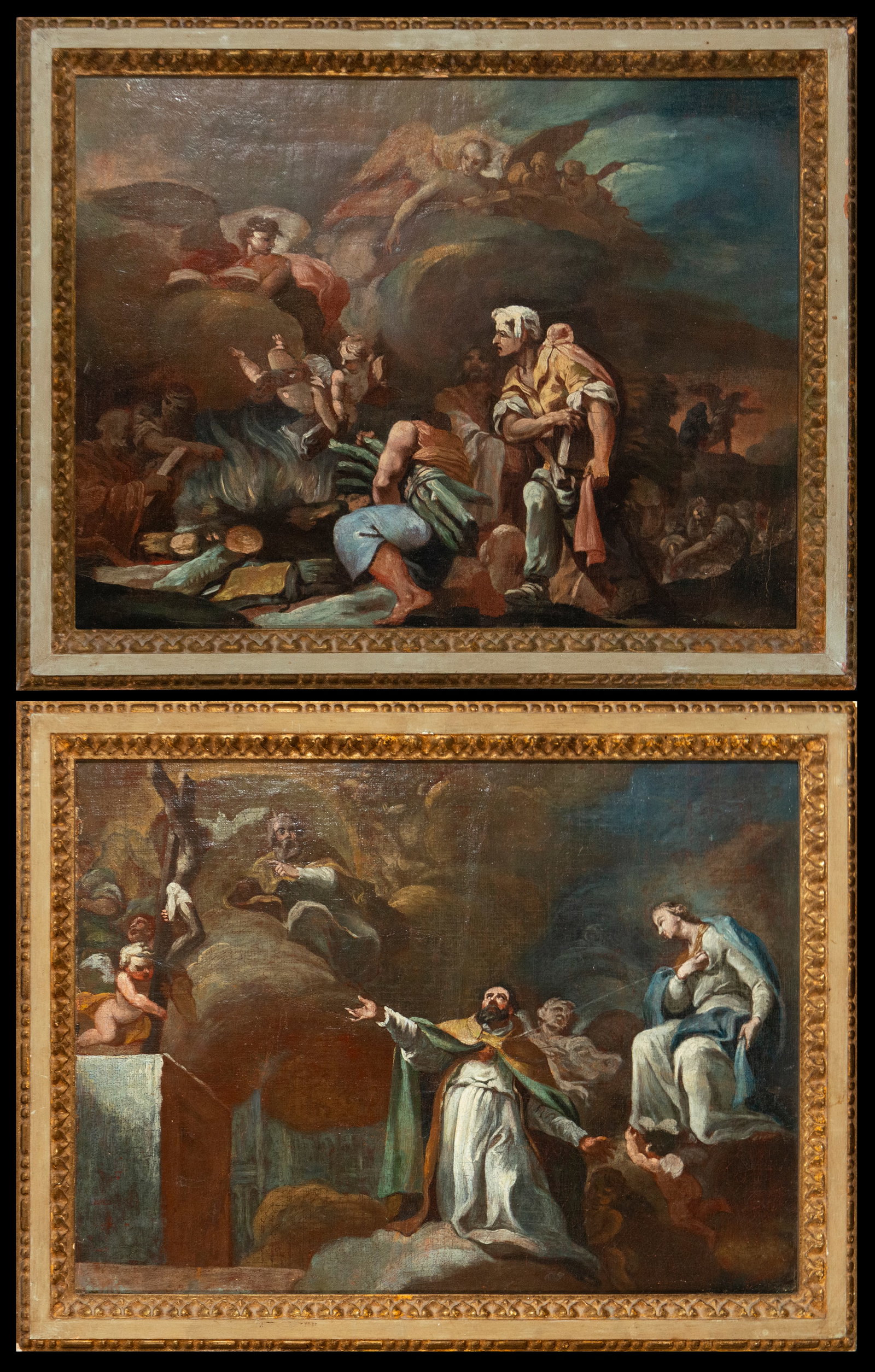 Important Pair of Allegorical Paintings - González Velázquez. Madrid School. 18th Century: Oil on canvas. A pair of allegorical and religious compositions attributed to the painter González Velázquez. One scene depicts the burning of forbidden books, rendered with a complex scenography of