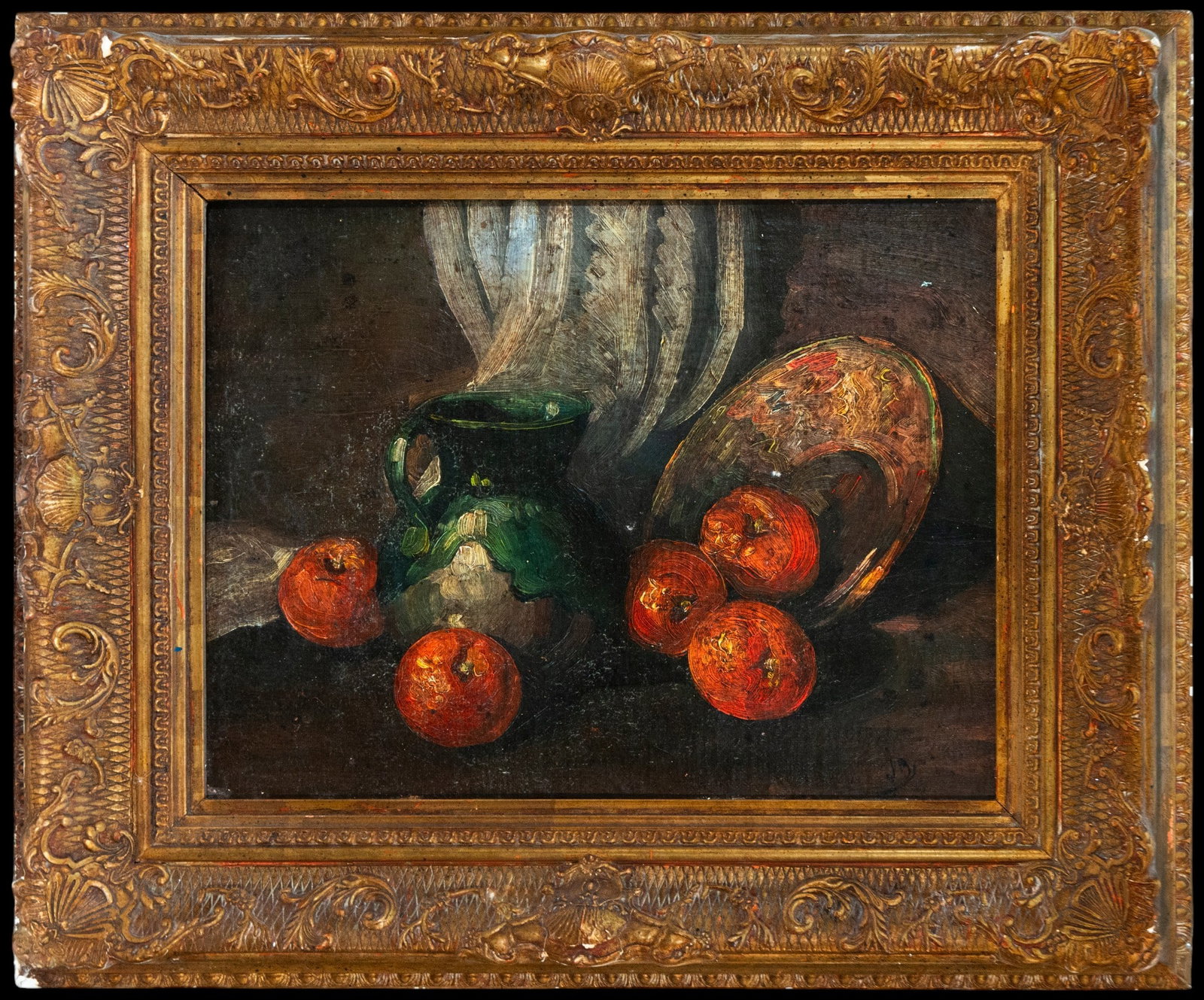 Still Life with Jug and Apples. SIGNED - European School. 19th Century: Oil on canvas. Dimensions 36 x 47 cm; frame 57 x 67 cm. Still life composed of a ceramic jug, several apples, and a decorative tray arranged on a dark table. The side lighting highlights the volumes a