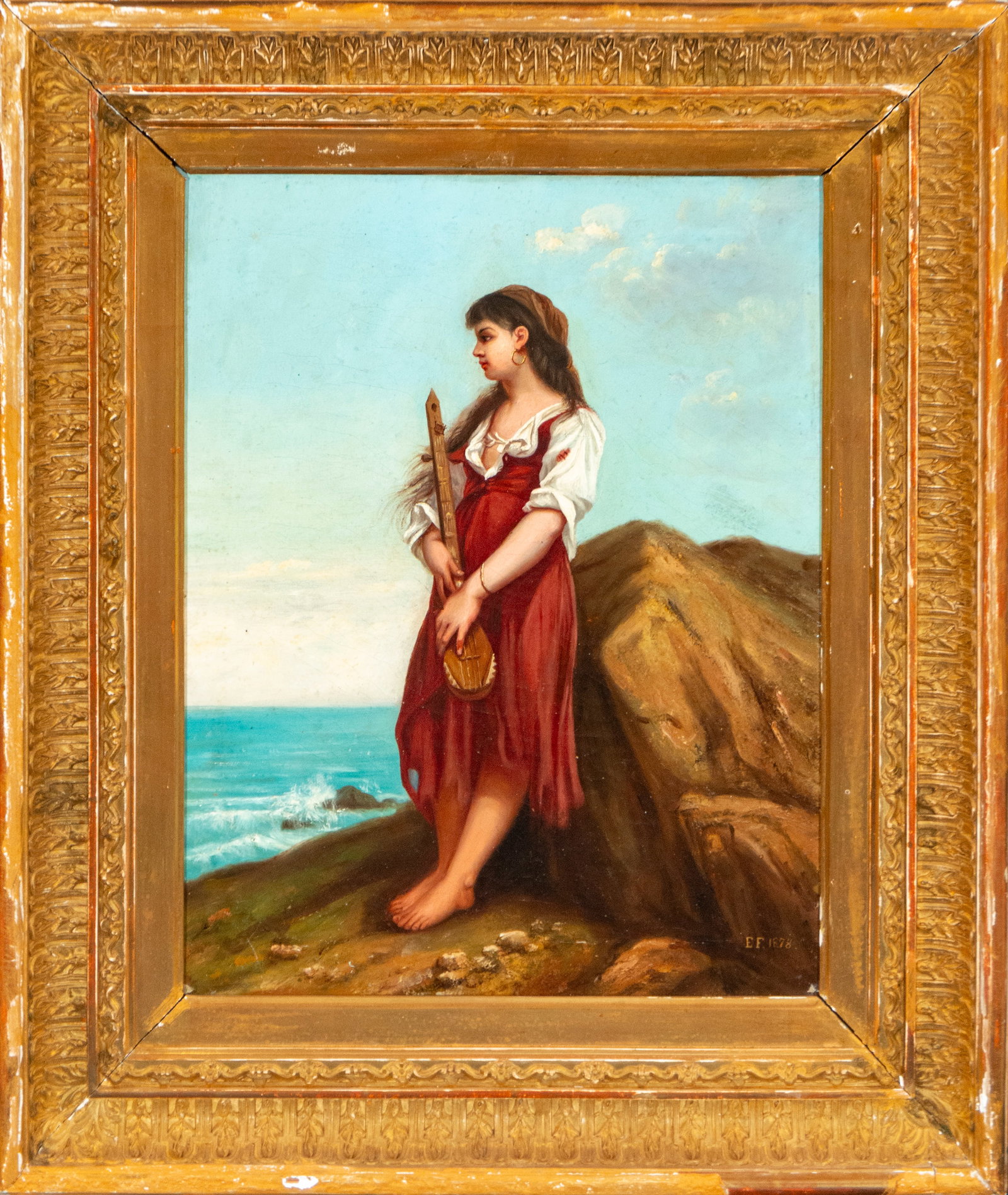 Emilia Fedriani - Young Lady at Sea - Romantic School of the 19th Century: Oil on canvas. Signed. Measures 42 x 33 cm.