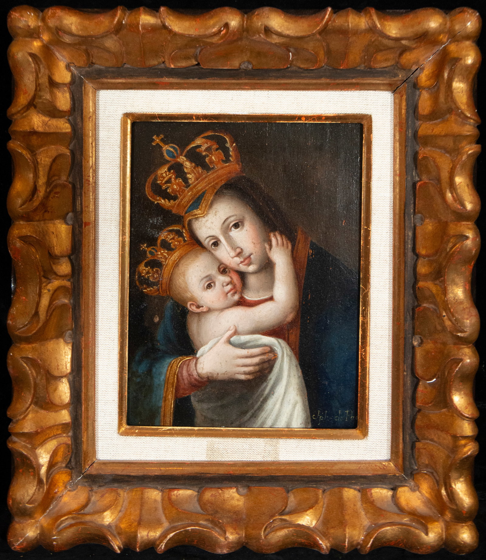 Important Virgin and Child Crowned, Signed, Hispanic American Colonial School, 18th Century (1 of 6)