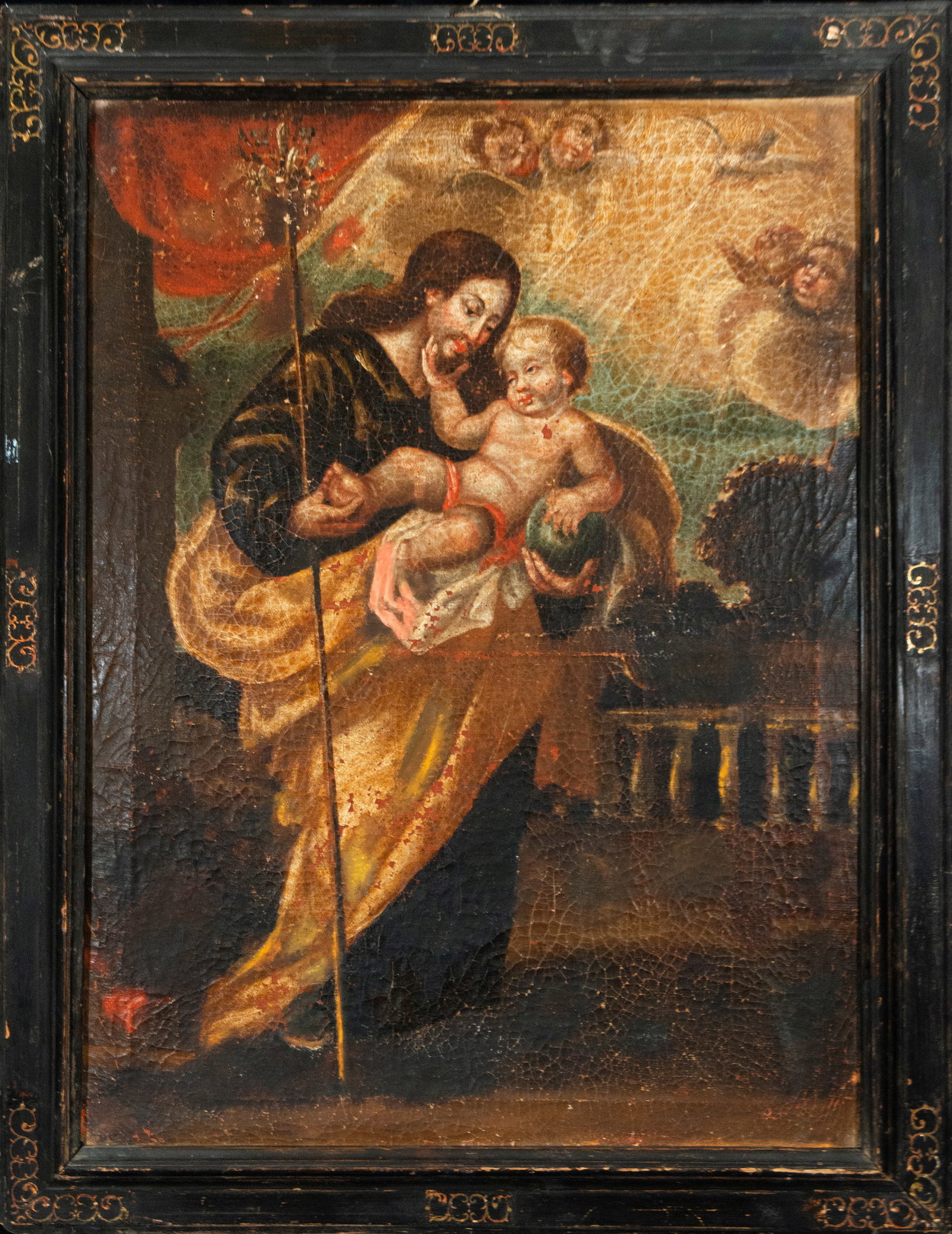 Saint Joseph with the Child, Colonial School - 17th Century: Oil on canvas. With period frame. Measurements: 86 x 63 cm; frame 98 x 77 cm.