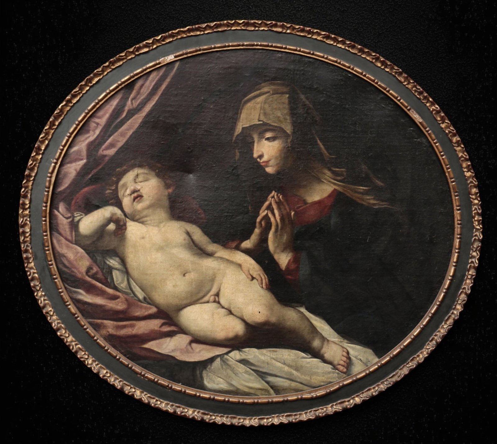 LARGE VIRGIN OF SILENCE – GUIDO RENI OR HIS WORKSHOP, 17TH CENTURY: OIL ON CANVAS: 110 X 130 CM. PROPERTY OF AN IMPORTANT PRIVATE COLLECTION, BARCELONA.