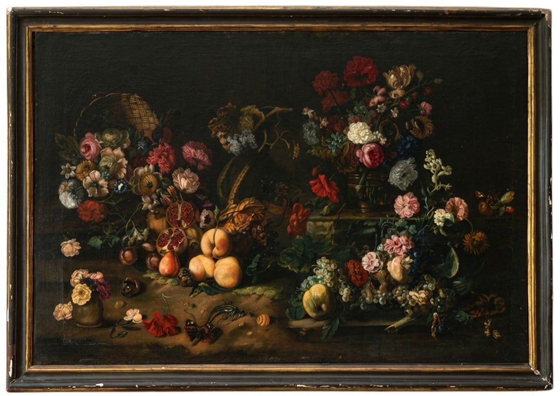 ANIELLO ASCIONE (Naples, 1600 – Naples, 1656) - Still life with flowers and fruit: Oil on canvas. Dimensions: 115 x 162 cm. Aniello Ascione was one of the most prominent still-life painters of the Neapolitan Baroque school, working in a city that, during the 17th century, became one