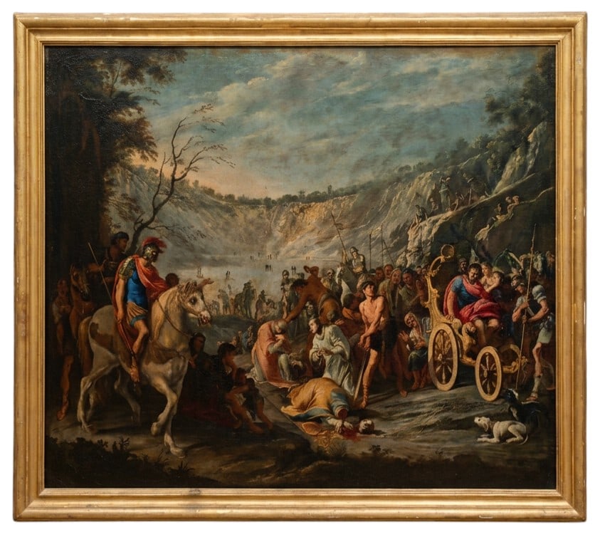 DOMENICO GARGIULO, called MICCO SPADARO (Naples, 1609 – 1675) - Beheading of Saint Januarius at: Oil on canvas. Dimensions: 105 x 130 cm. Domenico Gargiulo, known as Micco Spadaro, was one of the leading visual chroniclers of 17th-century Naples and one of the most prominent figures of Neapolitan