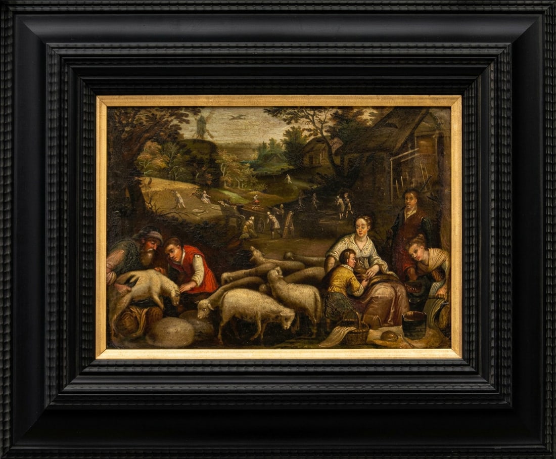 17TH CENTURY FLEMISH SCHOOL - Pastoral scene with a flock of sheep: Oil on copper. Dimensions: 21 x 30 cm. This work depicts a lively pastoral scene set in a Flemish rural environment, where a group of peasants and shepherds tend a flock of sheep in the foreground, wh