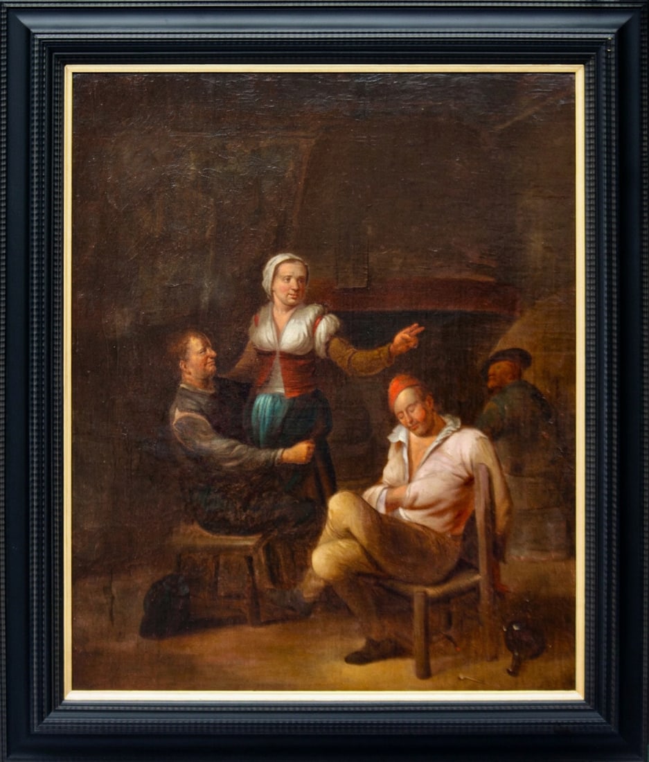 PIETER HERMANSZ. VERELST (The Hague, 1618 – Amsterdam, 1678) - Tavern interior scene: Oil on relined canvas. Dimensions: 77 x 63 cm. This work depicts a lively interior scene set in a tavern, one of the most characteristic themes of Dutch Golden Age painting. In a warm and intimate spa