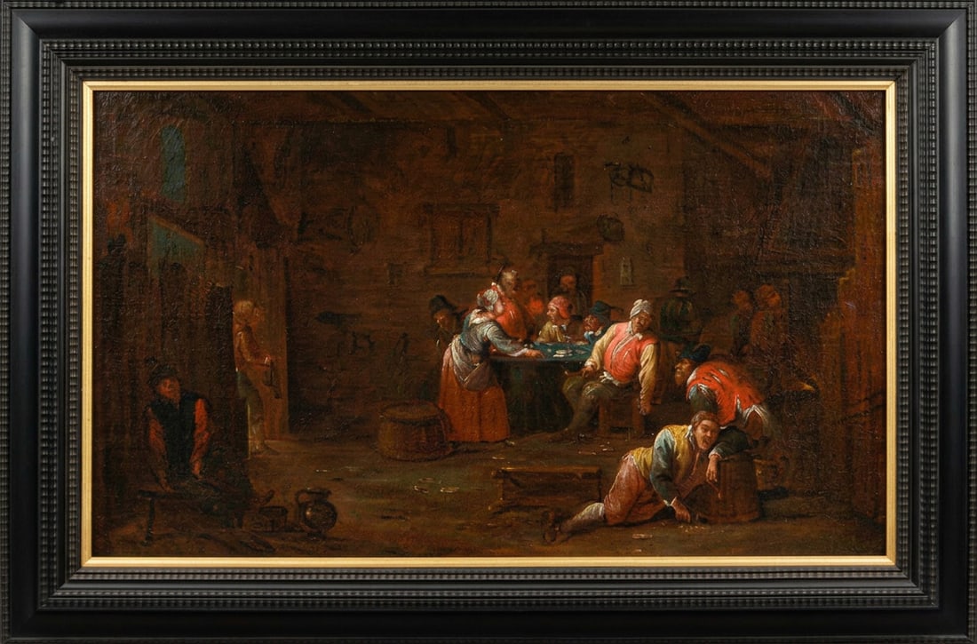 ATTRIBUTED TO EGBERT VAN HEEMSKERCK (Haarlem, 1634 – London, 1704) - Tavern scene: Oil on relined canvas. Dimensions: 46.5 x 77.5 cm. Dimensions with frame: 94.5 x 63.5 cm. This is an interesting tavern scene attributed to Egbert van Heemskerck, a Dutch painter known for his depicti