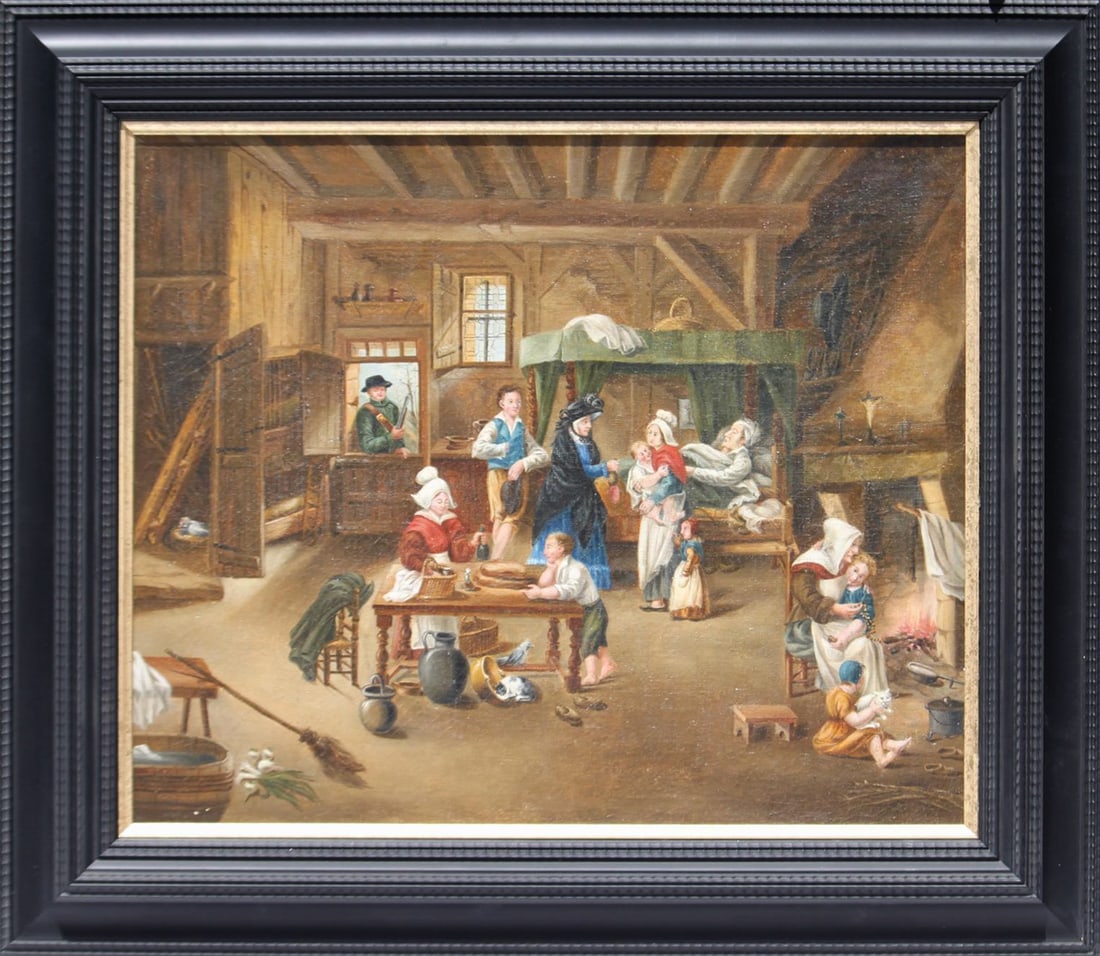 RICHARD BRAKENBURGH SCHOOL (Haarlem, 1650 – Haarlem, 1702) - Interior of an inn with peasants: Oil on relined canvas. Dimensions: 46 x 55 cm. Dimensions with frame: 62 x 71 cm. This work depicts a lively interior scene set in a rural inn, where various peasants gather around a table sharing con