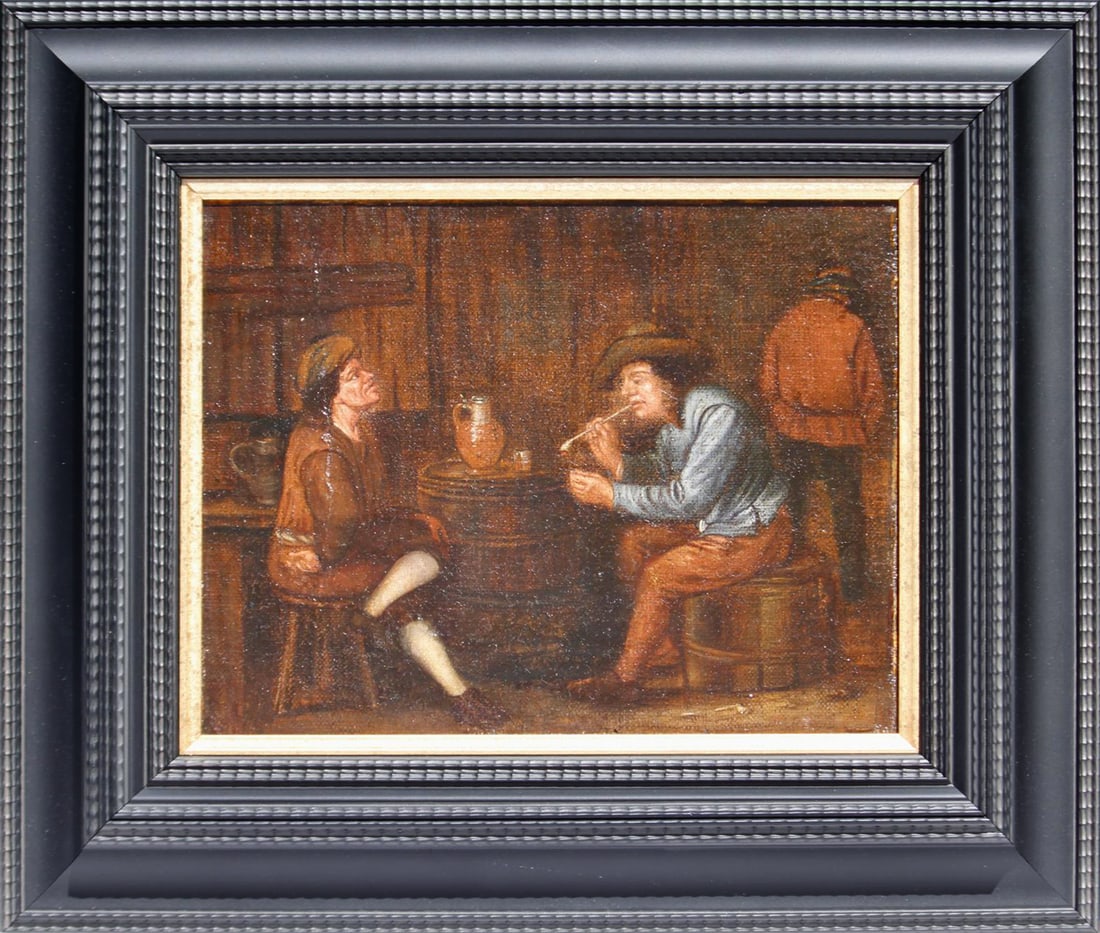 DUTCH SCHOOL, ATTRIBUTED TO ADRIAEN VAN OSTADE (Haarlem, 1610 – Haarlem, 1685) - The Drinker and: Oil on canvas. Dimensions: 24 x 30 cm. Dimensions with frame: 41 x 47.5 cm. This work depicts a tavern scene featuring a drinker and a smoker gathered inside a modest inn, a theme of fundamental impor