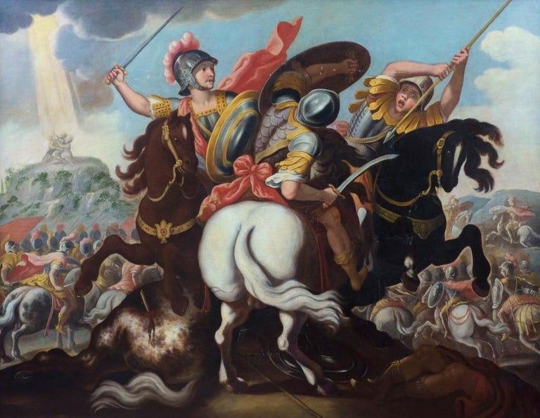 Battle, possibly from the life of Constantine. Circle of Antonio Tempesta. Italian School. 17th: Oil on canvas. Dimensions 175 x 222 cm. Monumental historical composition centered on a violent cavalry engagement, where horsemen armed with swords and lances clash amidst intense battles unfolding a