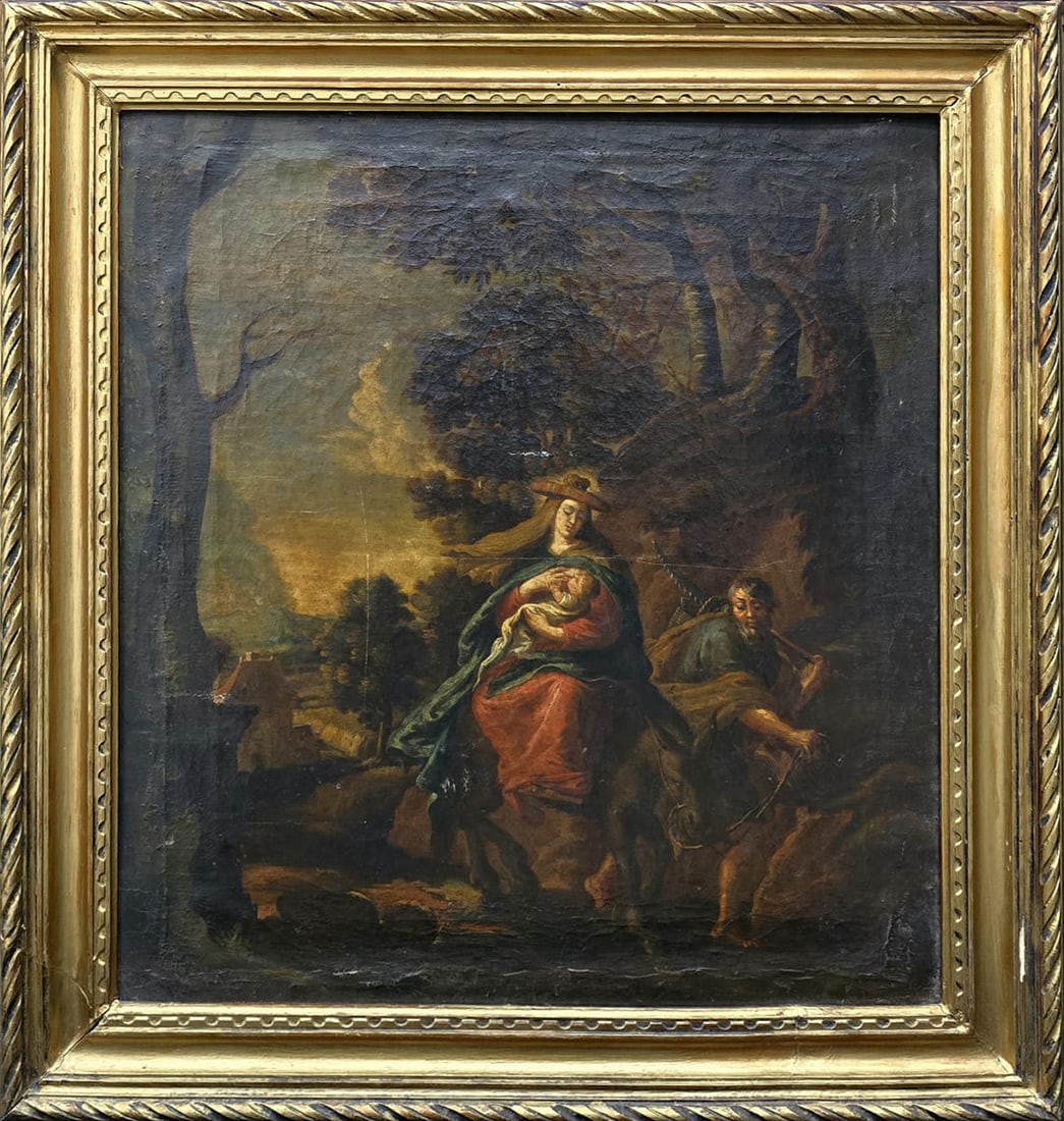 18th Century Italian Flemish Master - Rest on the Flight into Egypt: Oil on canvas, dimensions: 77x69cm, with and without frame 65x56cm.