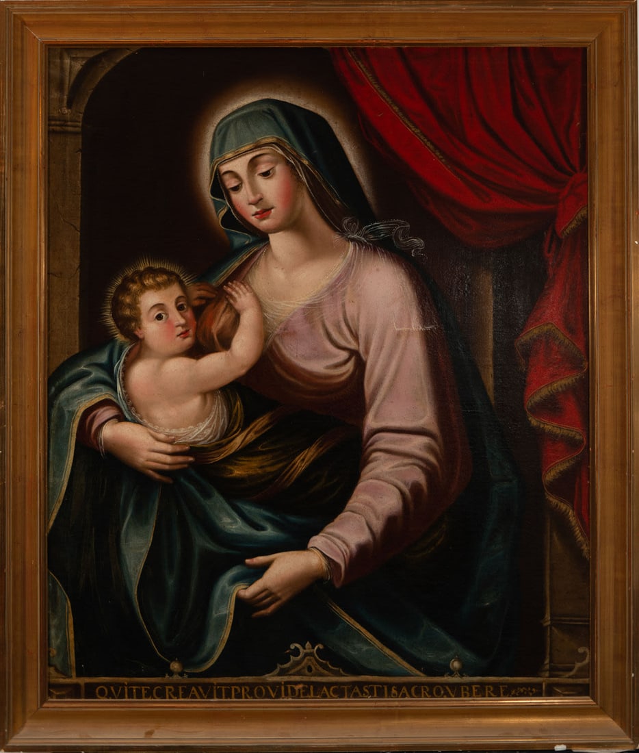 Madonna of the Milk, Italian school of the 17th - 18th century: Oil on canvas, framed dimensions: 130 x 109, canvas dimensions: 115 x 95 cm
