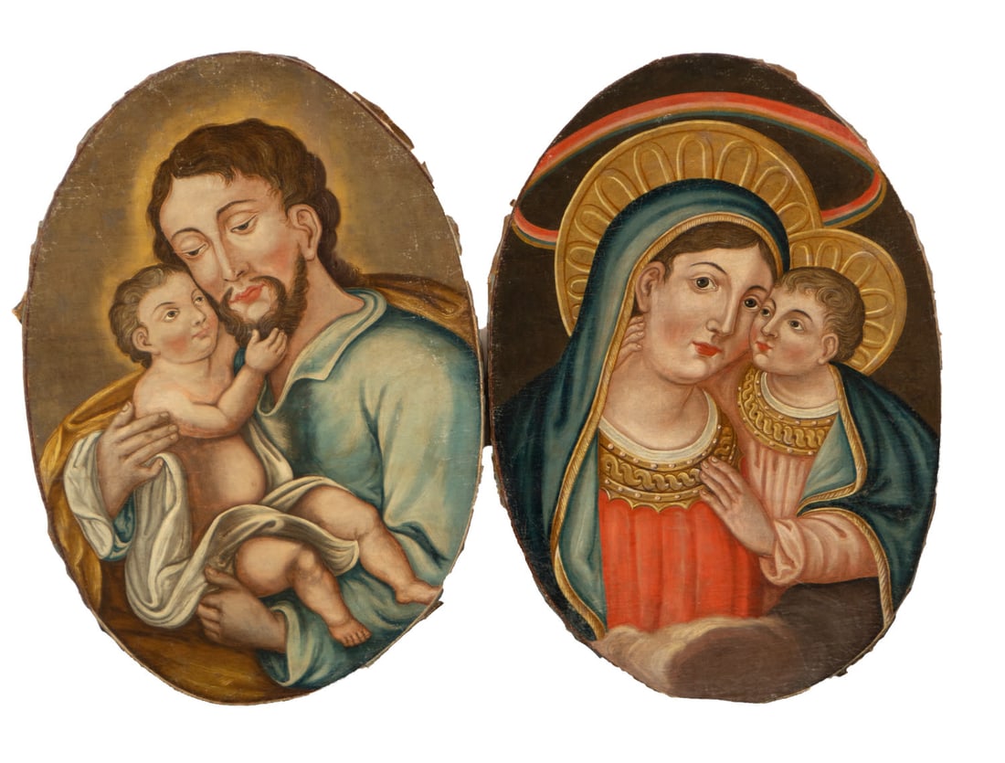 Pair of colonial ovals of Saint Peter with Child in Arms and Virgin with Child, New Spanish school: Pair of Ovals on canvas, canvas measurements: 69 x 48 cm