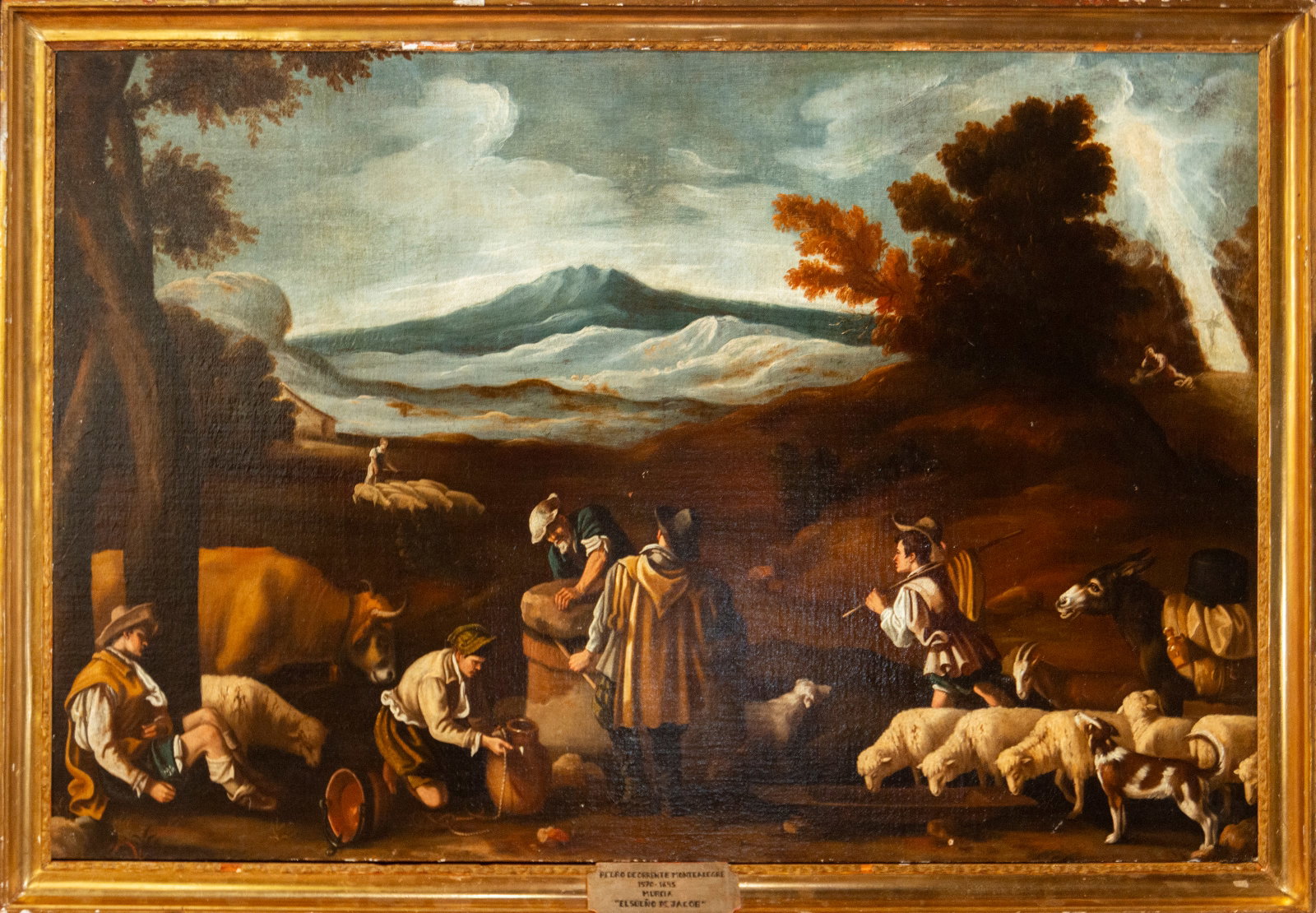 Pastoral landscape, Pedro Orrente (Murcia, 1580-Valencia, 1645): Oil on canvas. Dimensions 121 x 81 cm; framed 130 x 94 cm. A sweeping pastoral landscape centered around a group of shepherds and animals in the foreground, with a large mountain in the background and