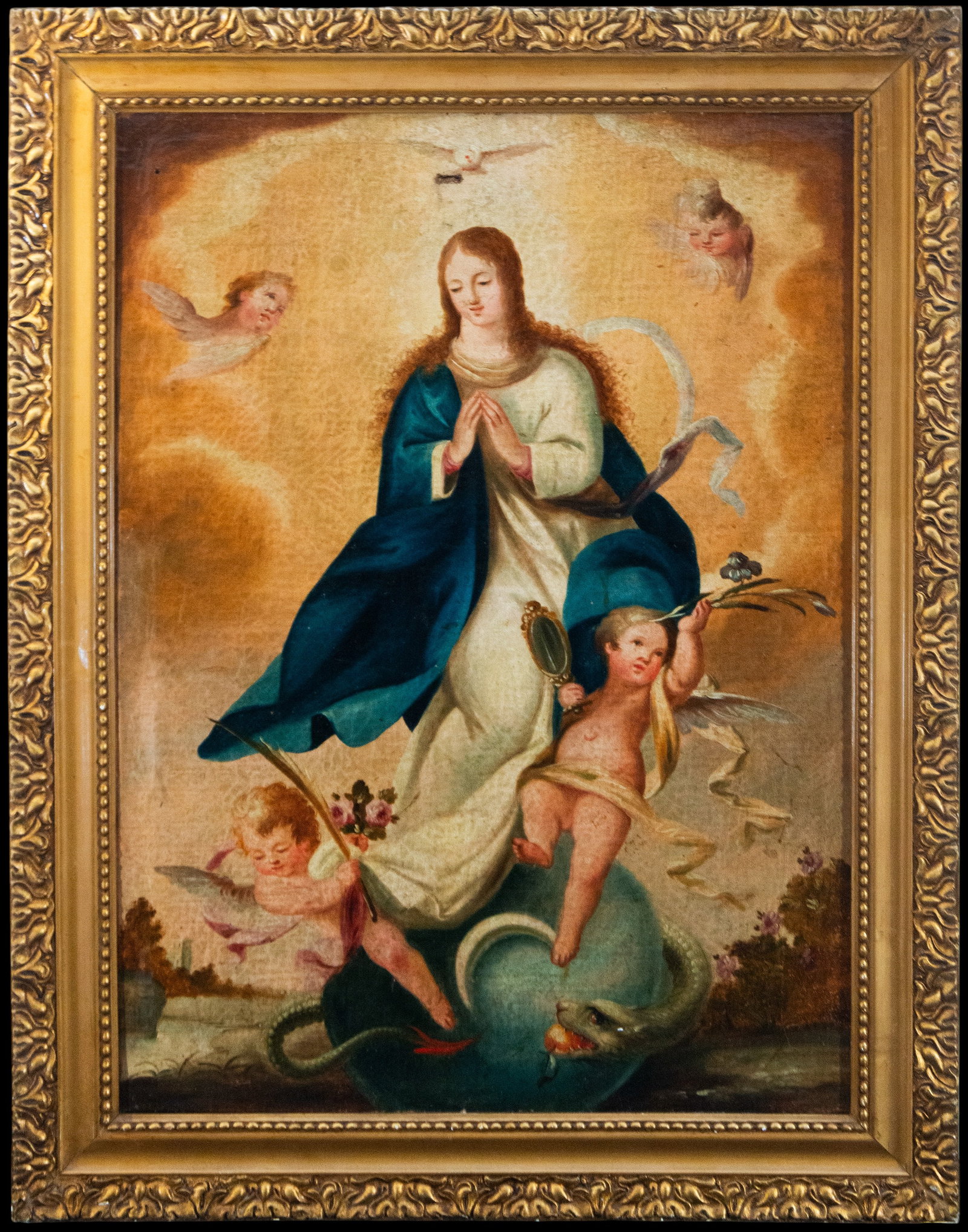 Virgin of the Immaculate Conception, Hispanic or Colonial School, 18th Century: Oil on canvas. Dimensions: 84 x 64 cm; 99 x 77 cm with frame. The work depicts the Immaculate Conception ascending above the celestial sphere and the serpent, her hands joined in prayer and her face i
