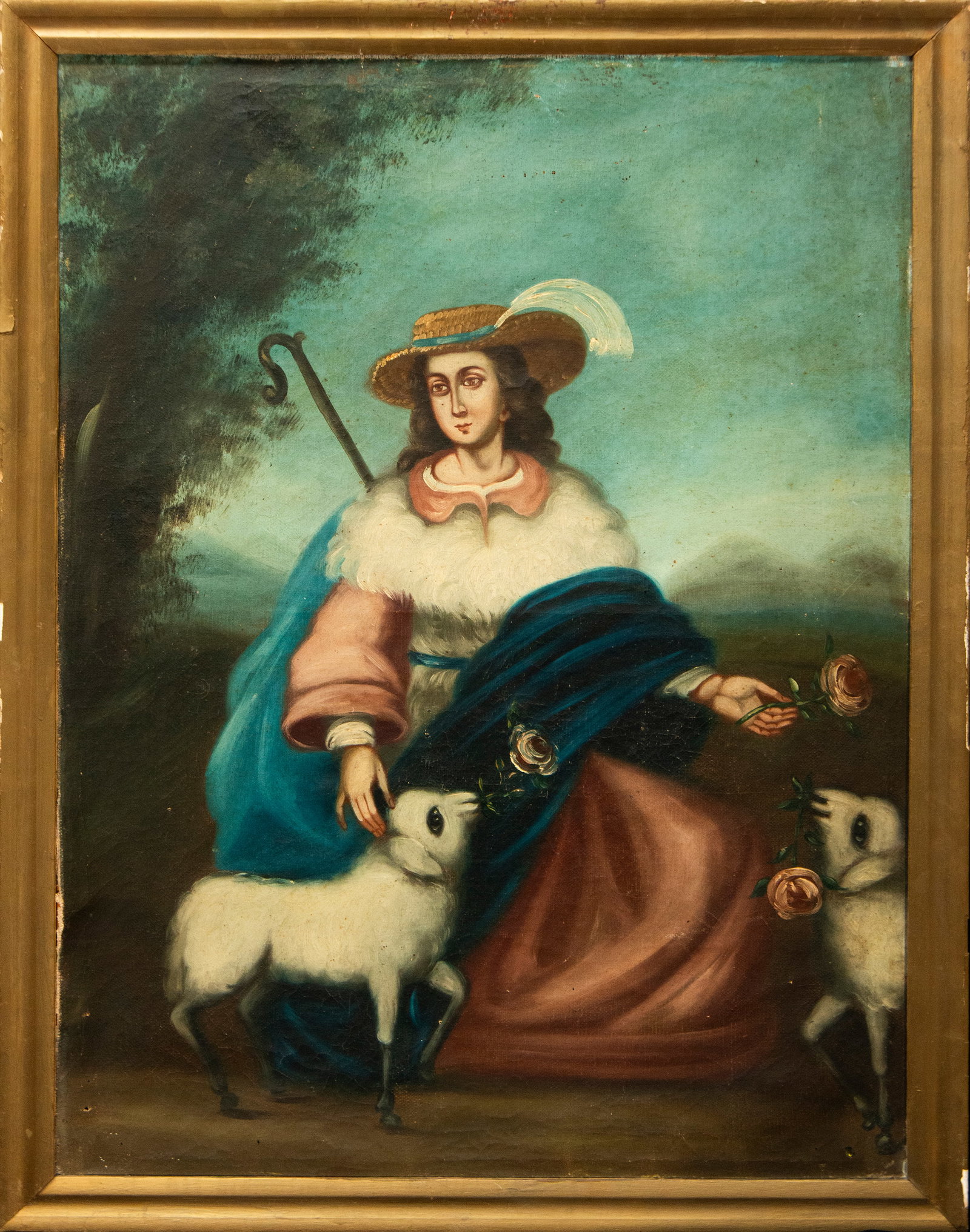 Divine Shepherdess. Colonial School. 18th Century.: Oil on canvas. The work depicts the Divine Shepherdess seated in a serene landscape, beneath a blue-green sky that frames the scene with an aura of tranquility. She wears a wide-brimmed hat adorned wi