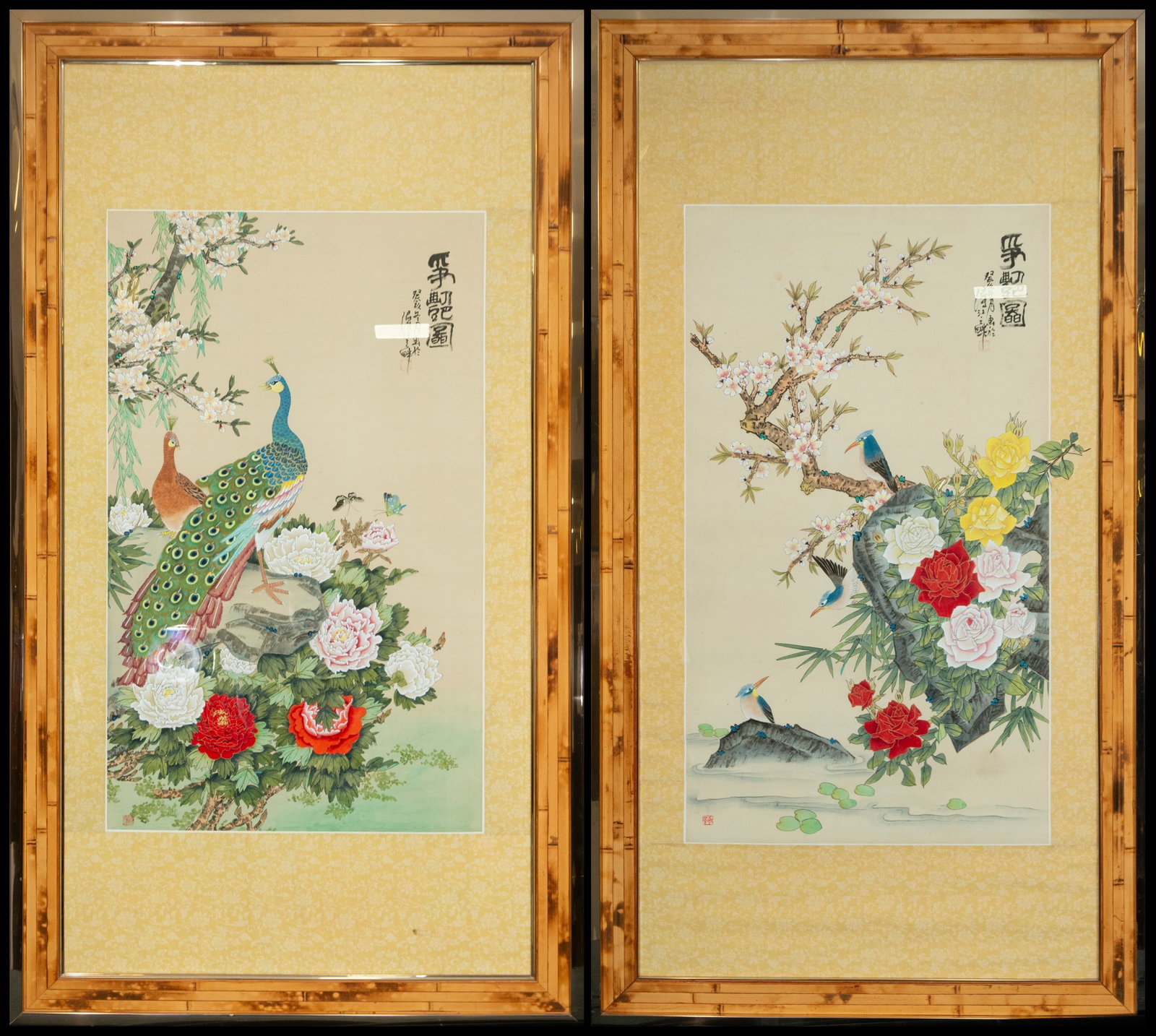 Pair of floral and bird compositions. Chinese School. 20th Century (1 of 14)