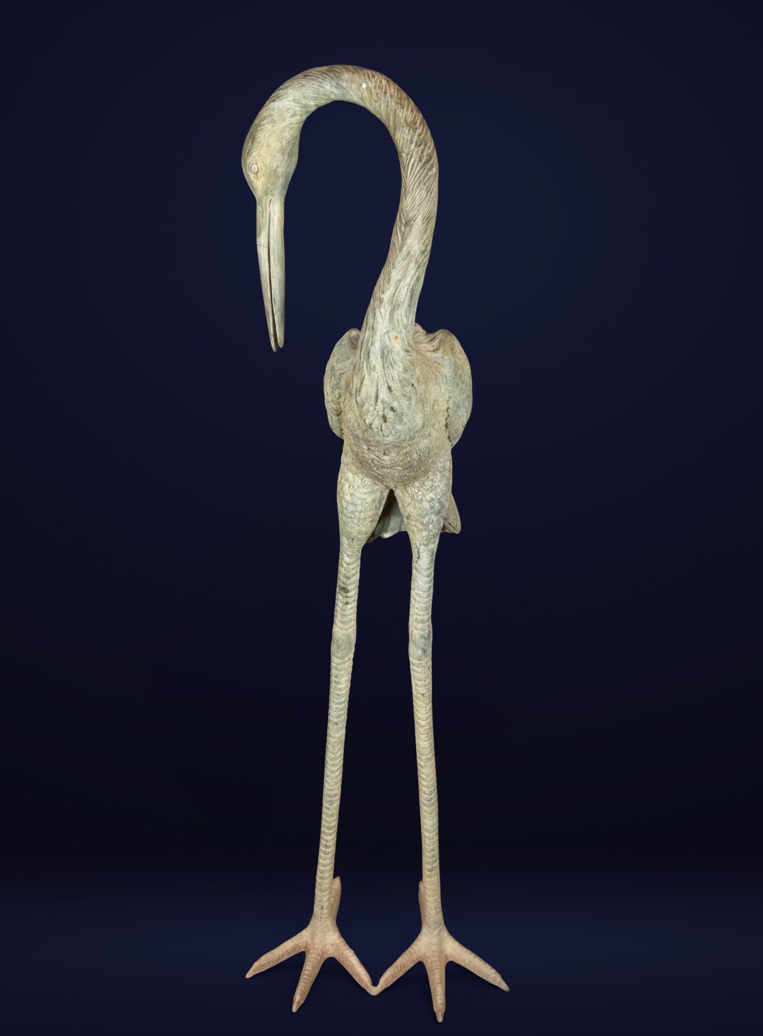 Large heron, life-size, 20th century: Wooden carving. Measures 186cm high.