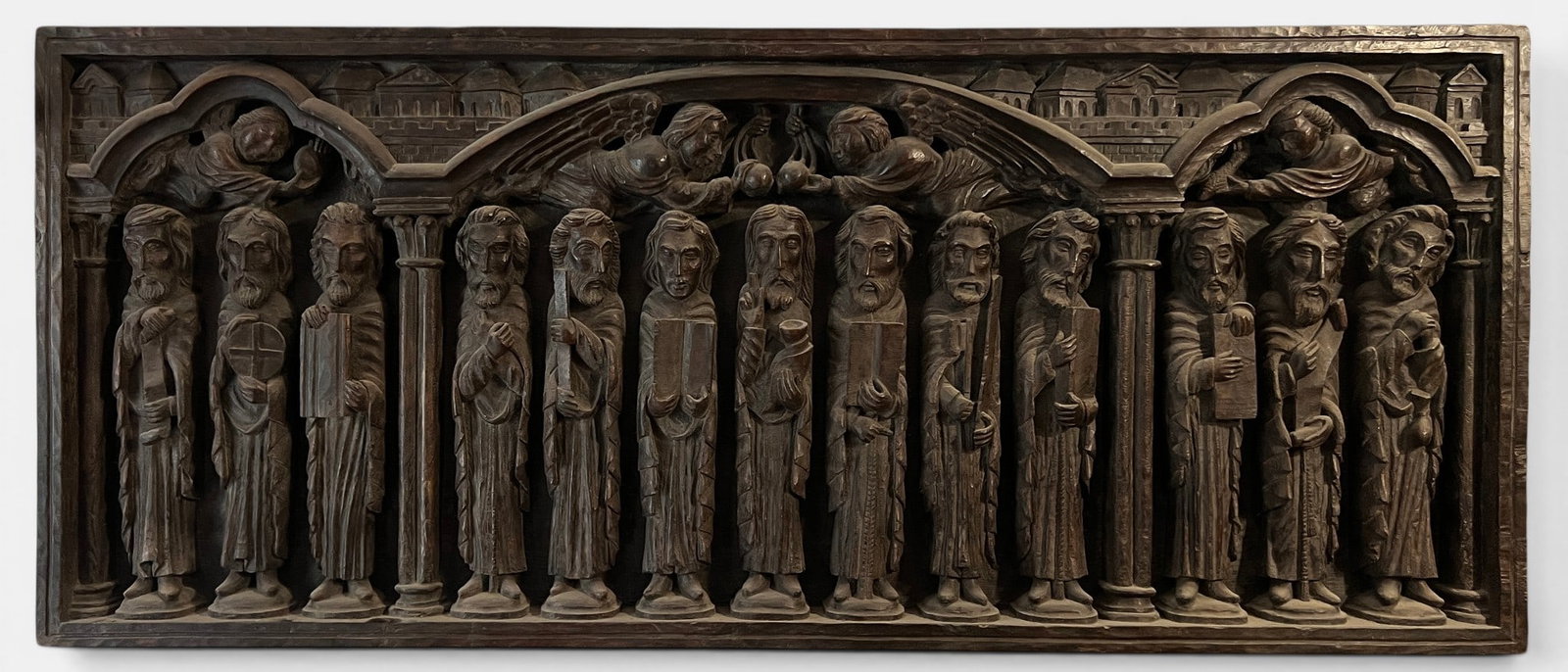 Large Noucentista bas-relief of Christ and the 12 apostles in wood, early 20th century (1 of 5)