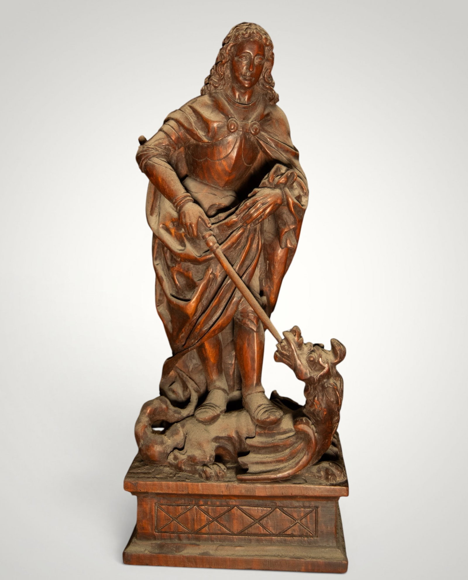 Large Catalan Woodcraft St. George Slaying the Dragon, 20th Century: 52 x 20 x 14 cm