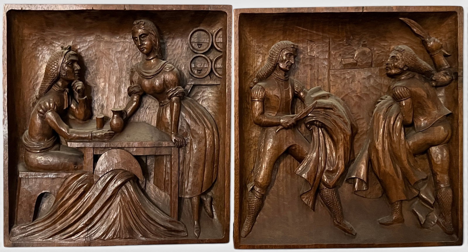 Pair of reliefs depicting scenes of bandits, Spain or France, late 19th century, in wood: Each one measures 25 x 25 cm